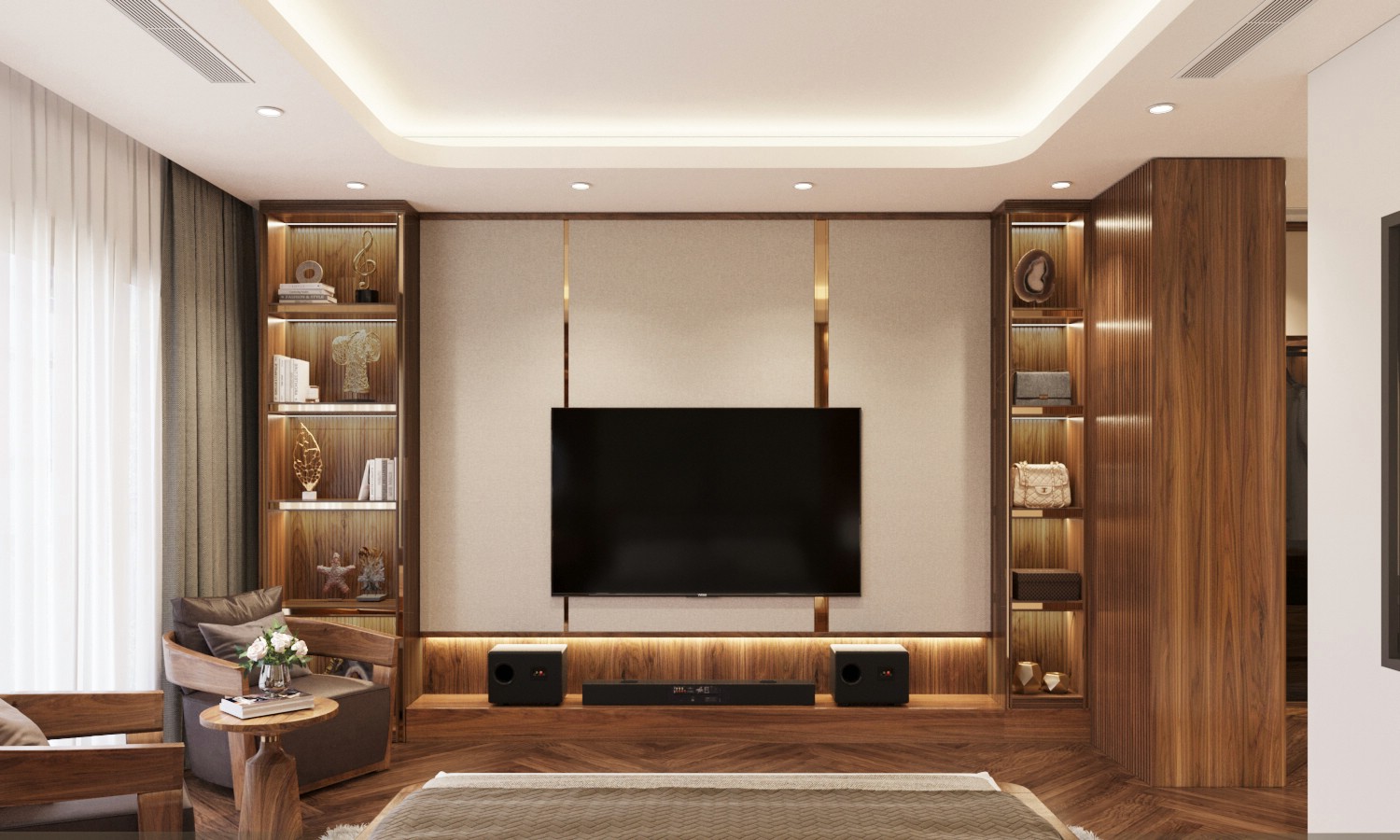Kệ tivi hiện đại âm tường với vách nỉ và thanh đồng, tủ trưng bày có đèn LED
