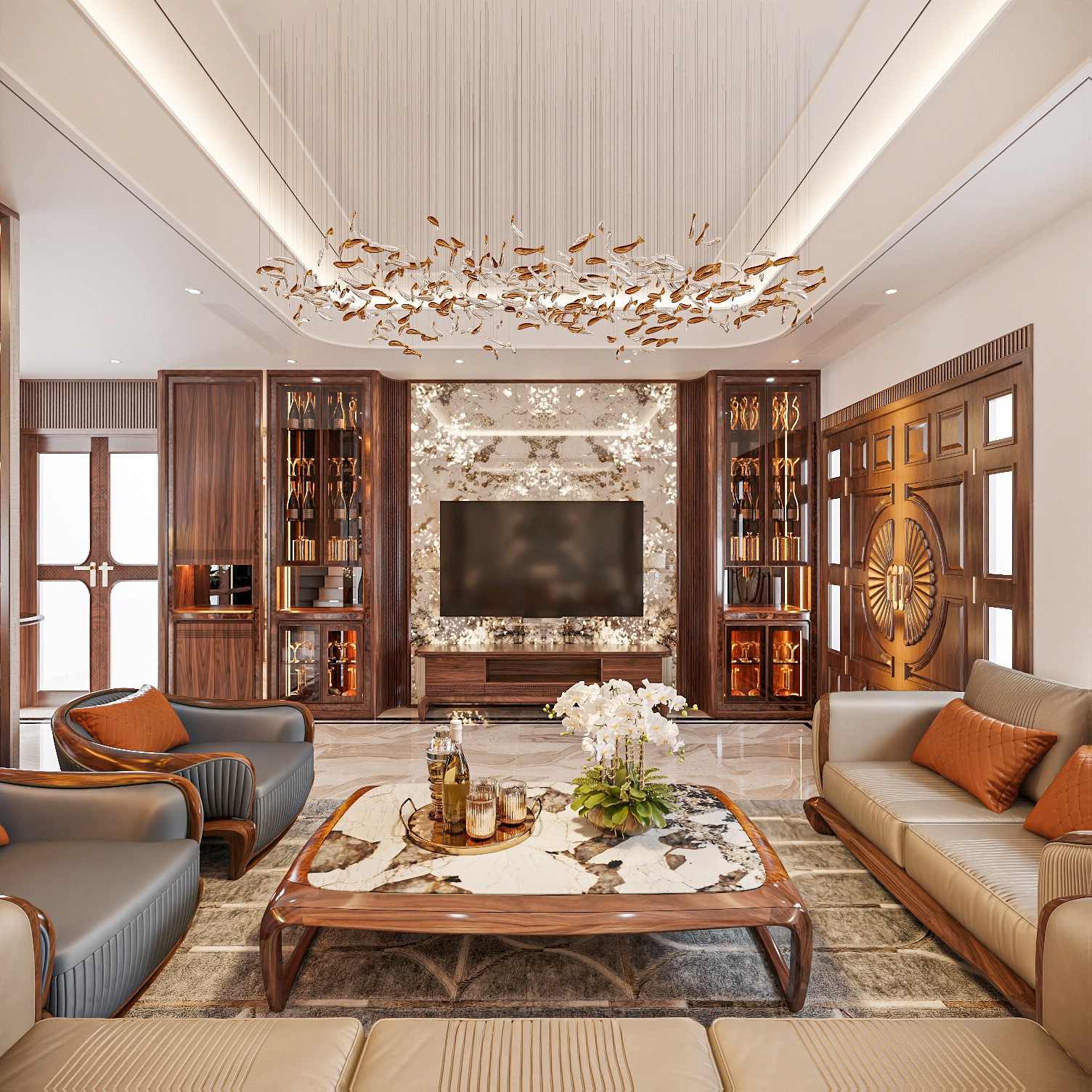 Kệ tivi kèm tủ rượu gỗ óc chó hiện đại cao kịch trần