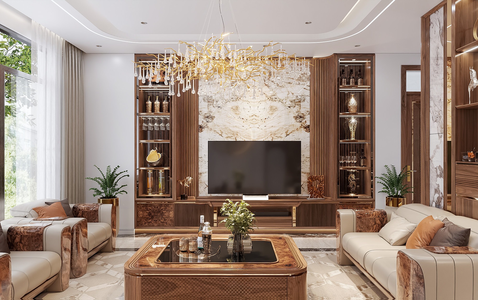 Kệ tivi kết hợp tủ rượu với đèn led tầng và mặt ốp lam sóng giả gỗ vát cong