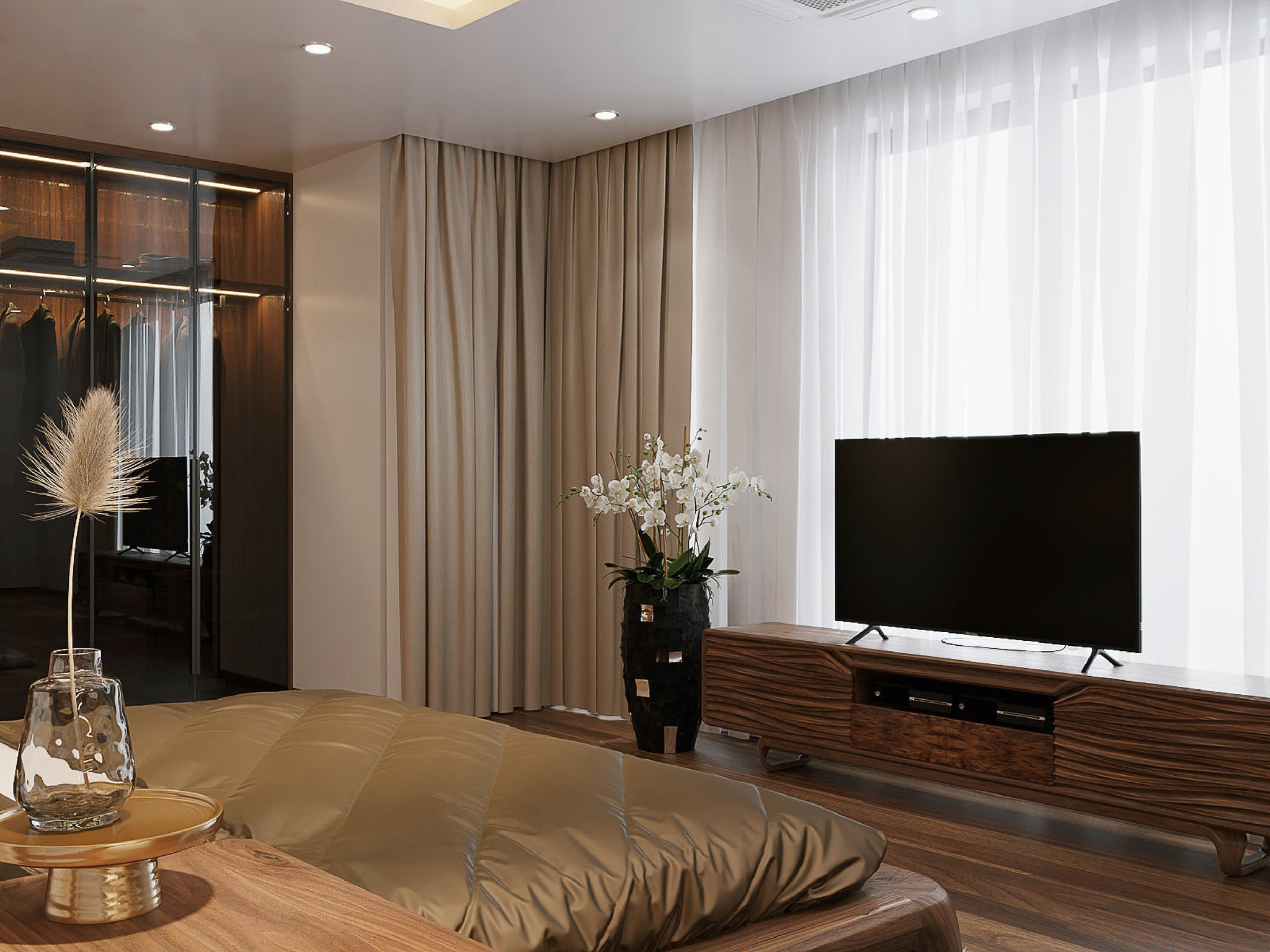 Kệ tivi phòng ngủ master gỗ óc chó bo tròn, cánh CNC gợn sóng, chân chữ U liền khối