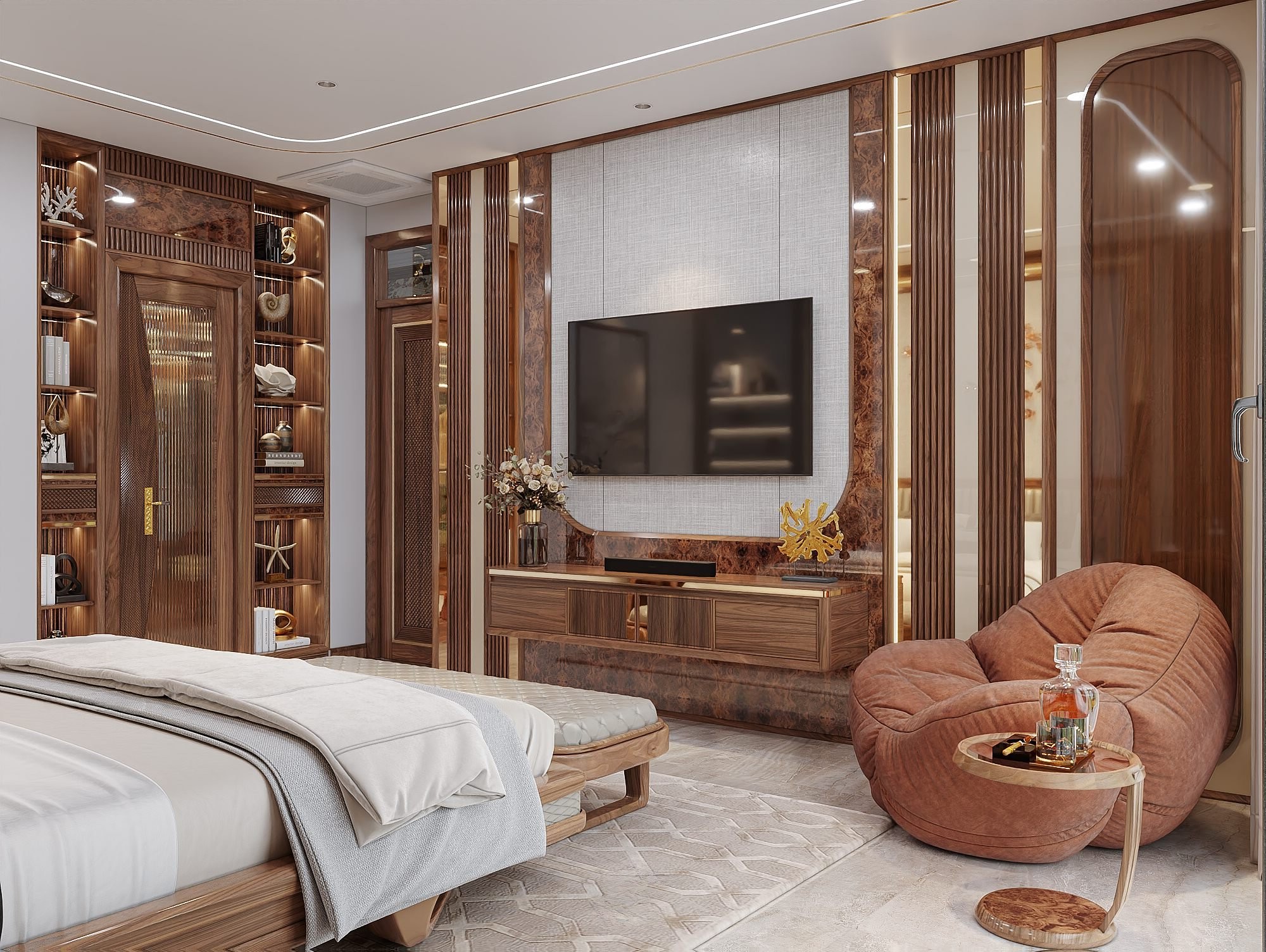 Kệ tivi phòng ngủ treo tường hiện đại chất liệu gỗ óc chó hoặc gỗ sồi