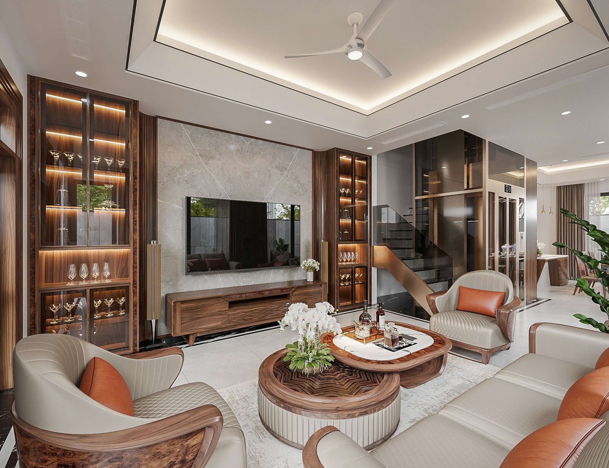 Kệ tủ rượu phòng khách gỗ tự nhiên nâu đậm kết hợp kệ tivi hiện đại