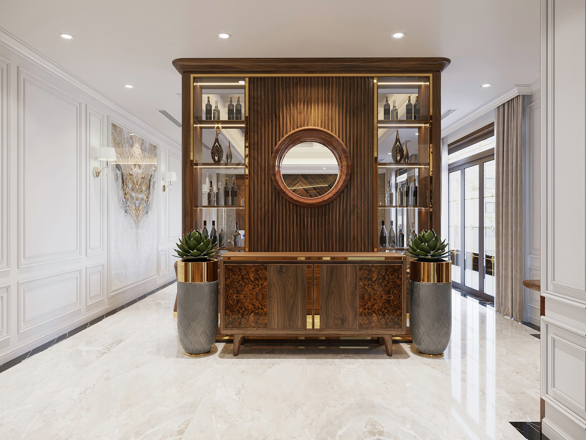 Kệ vách ngăn phòng khách gỗ óc chó cao cấp với lam sóng và kệ kính