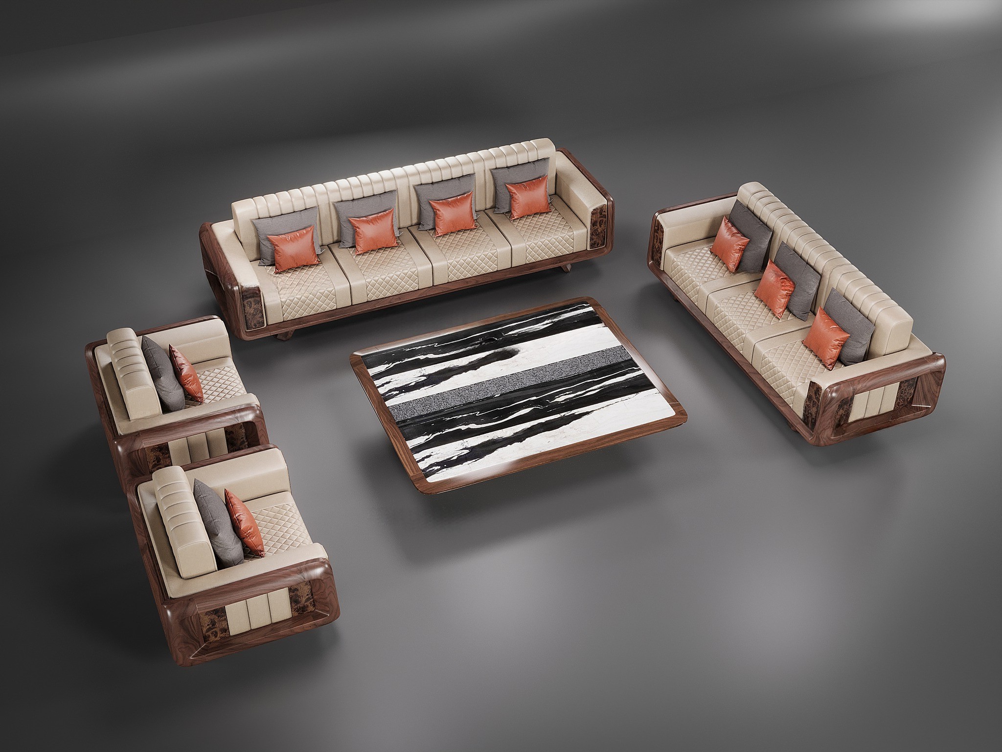 Mẫu bàn ghế gỗ phòng khách gỗ óc chó và bàn trà mặt đá granite