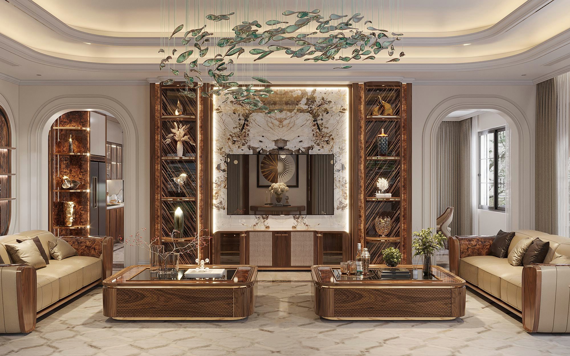 Mẫu bàn trà gỗ tự nhiên hình hộp chữ nhật với mặt kính sang trọng