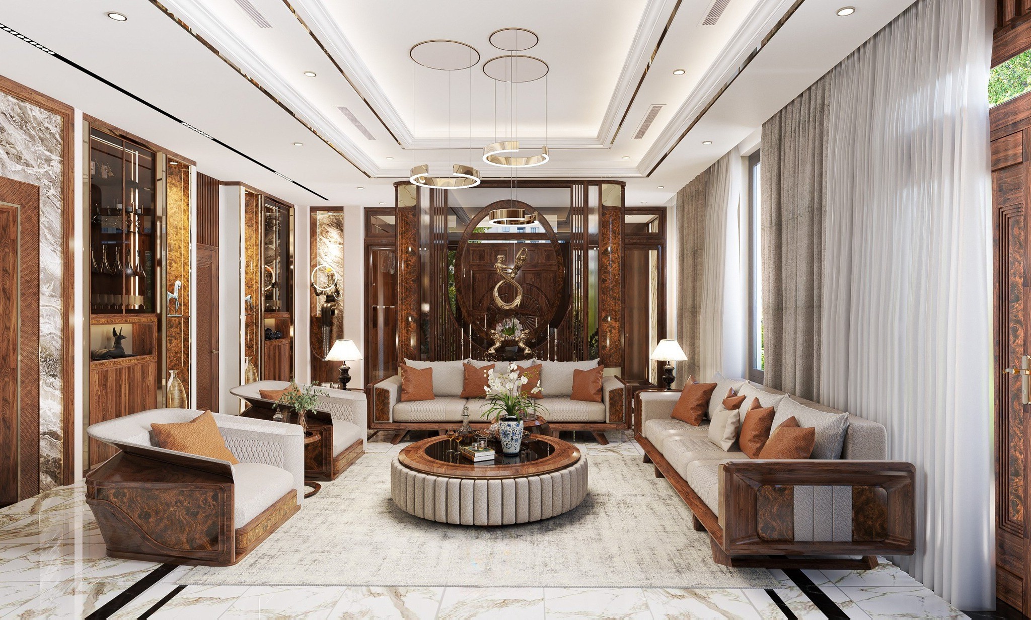 Mẫu bộ bàn ghế phòng khách đẹp gỗ óc chó nâu trầm với bàn trà tròn mặt đá đen