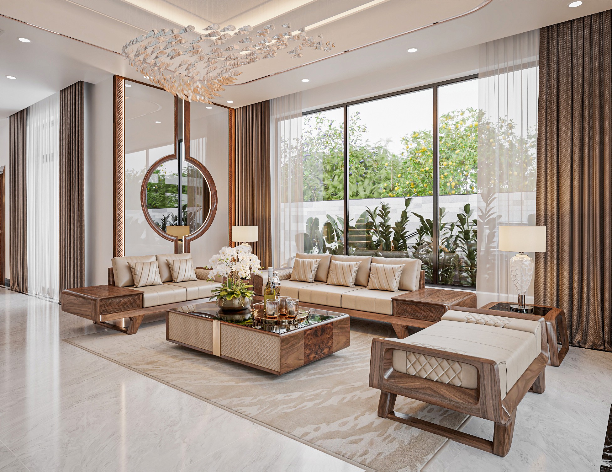 Mẫu ghế sofa gỗ óc chó màu nâu đen sang trọng