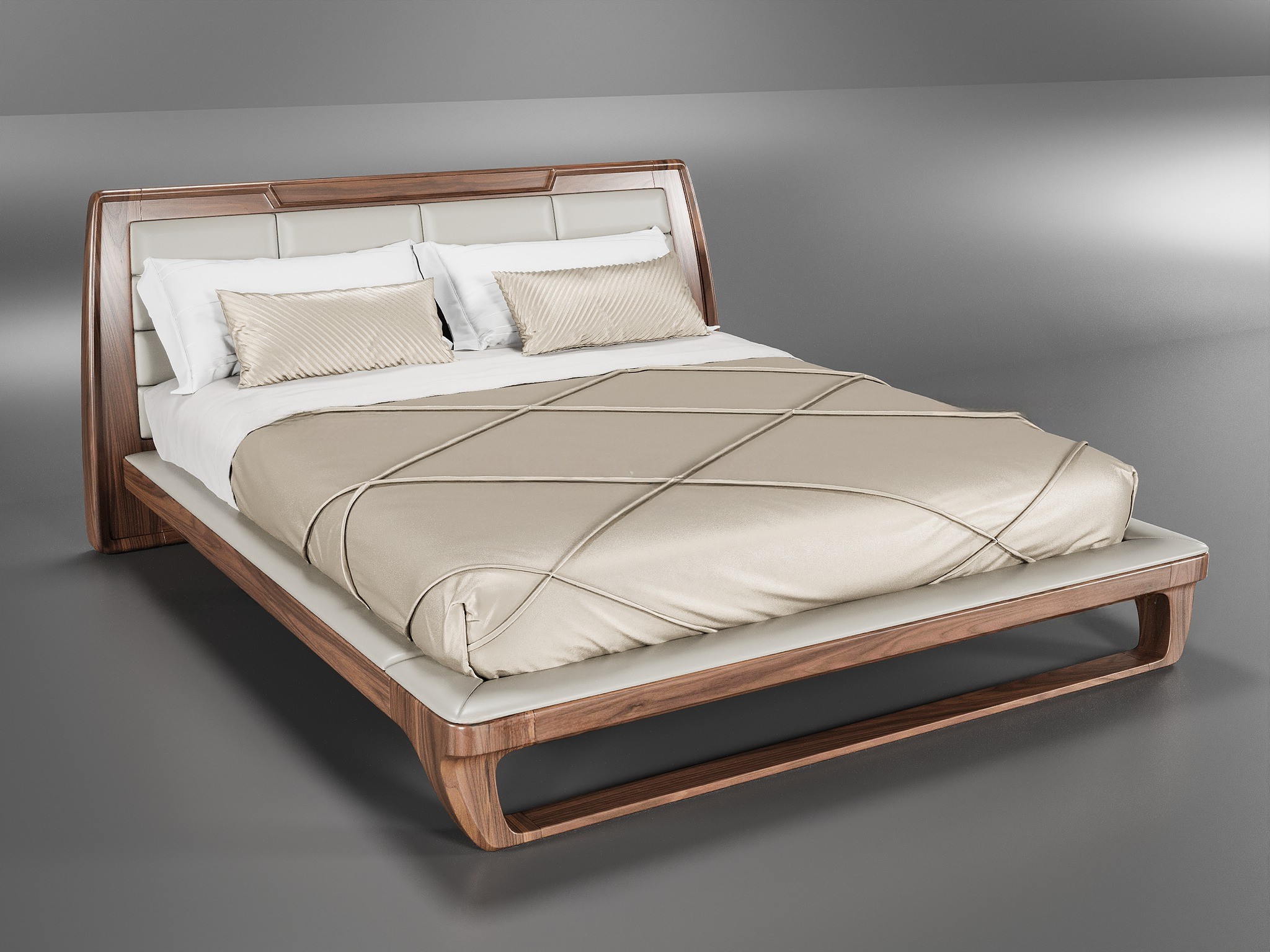 Mẫu giường gỗ tự nhiên hiện đại bọc da ghi sáng và chân chữ U thanh mảnh