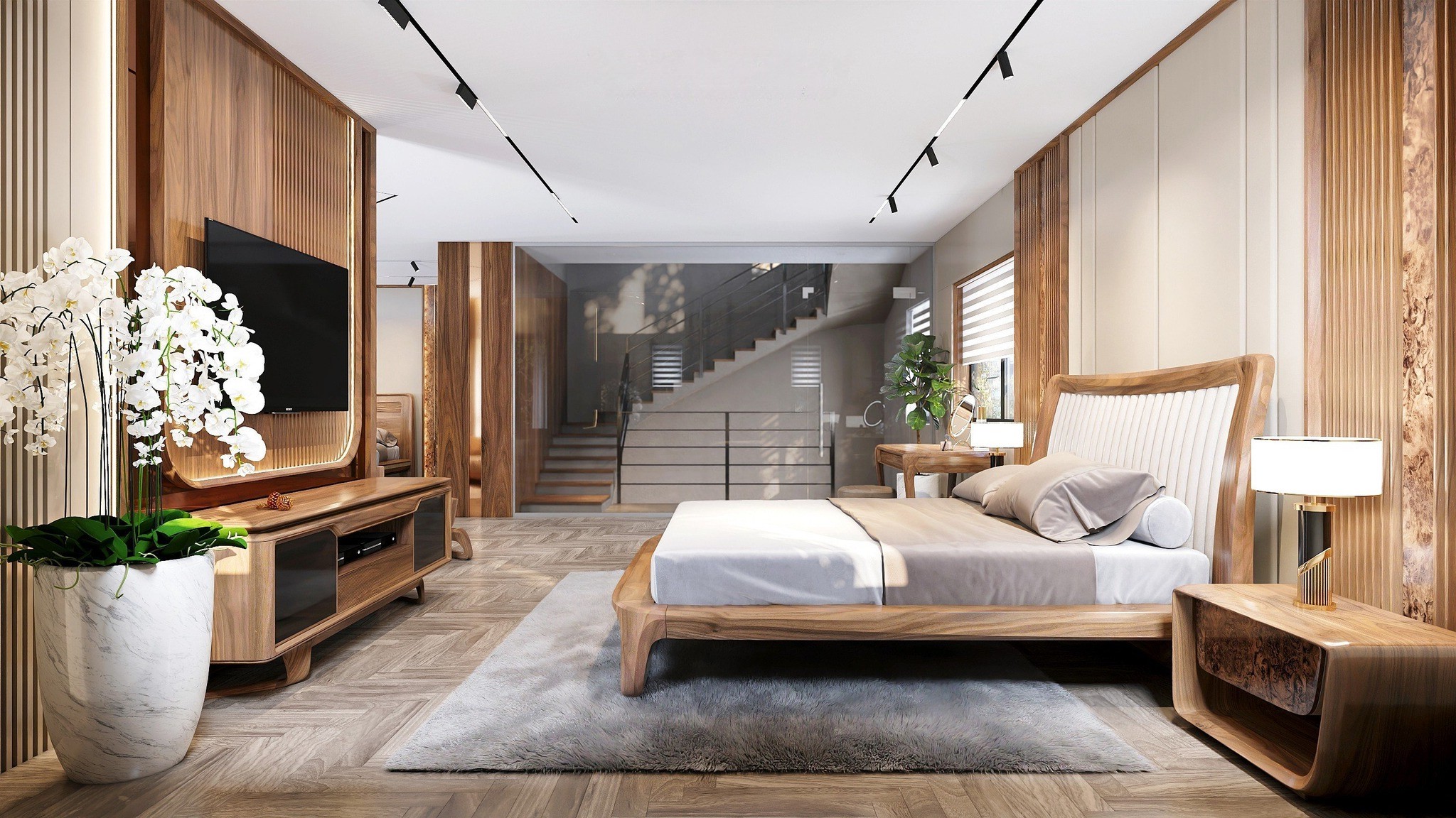 Mẫu giường ngủ gỗ đẹp với khung gỗ tự nhiên và tựa đầu bọc da sang trọng