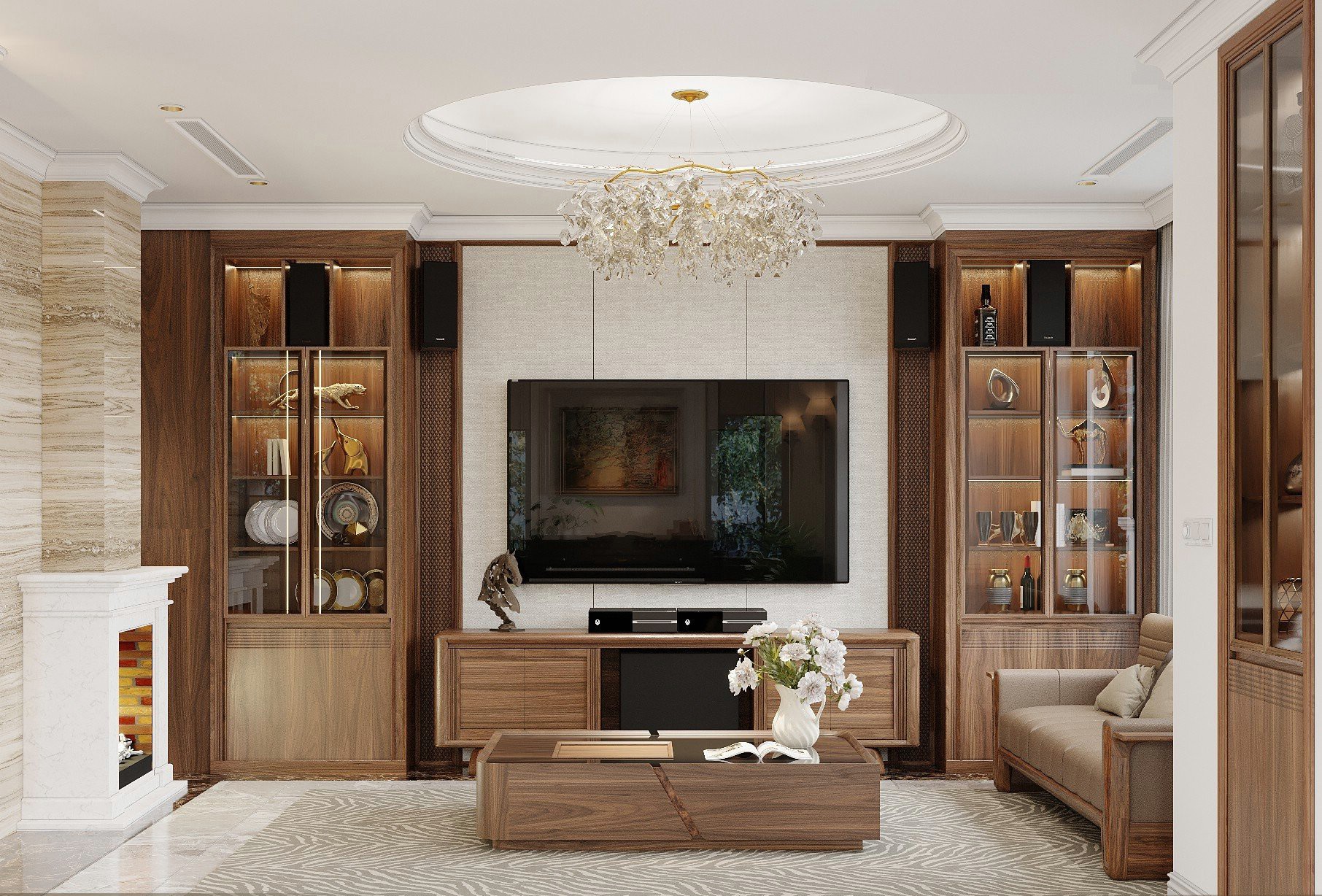 Mẫu kệ tivi phòng khách gỗ tự nhiên dáng thấp với tủ hai bên và hộc giữa