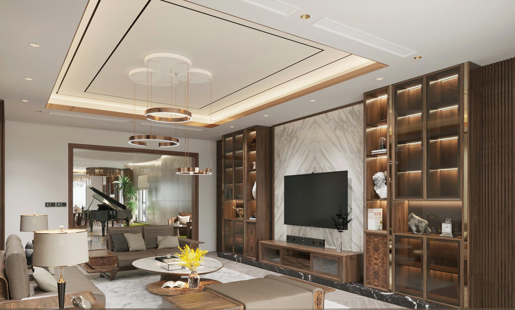 Mẫu kệ tivi phòng khách gỗ óc chó hoặc gỗ sồi nâu gụ với ngăn kéo CNC