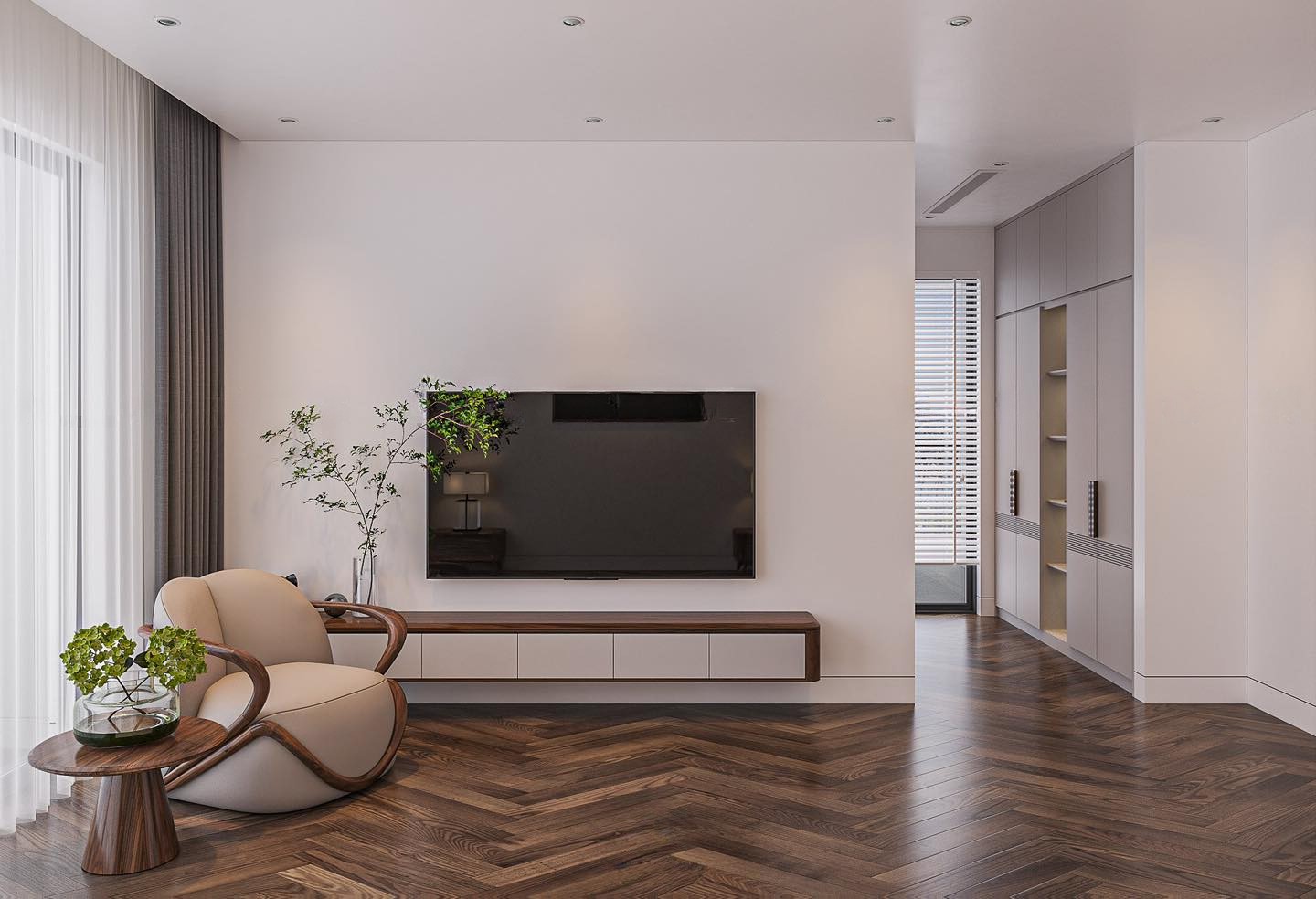 Mẫu kệ tivi treo tường hiện đại với khung gỗ MDF và cánh tủ acrylic trắng