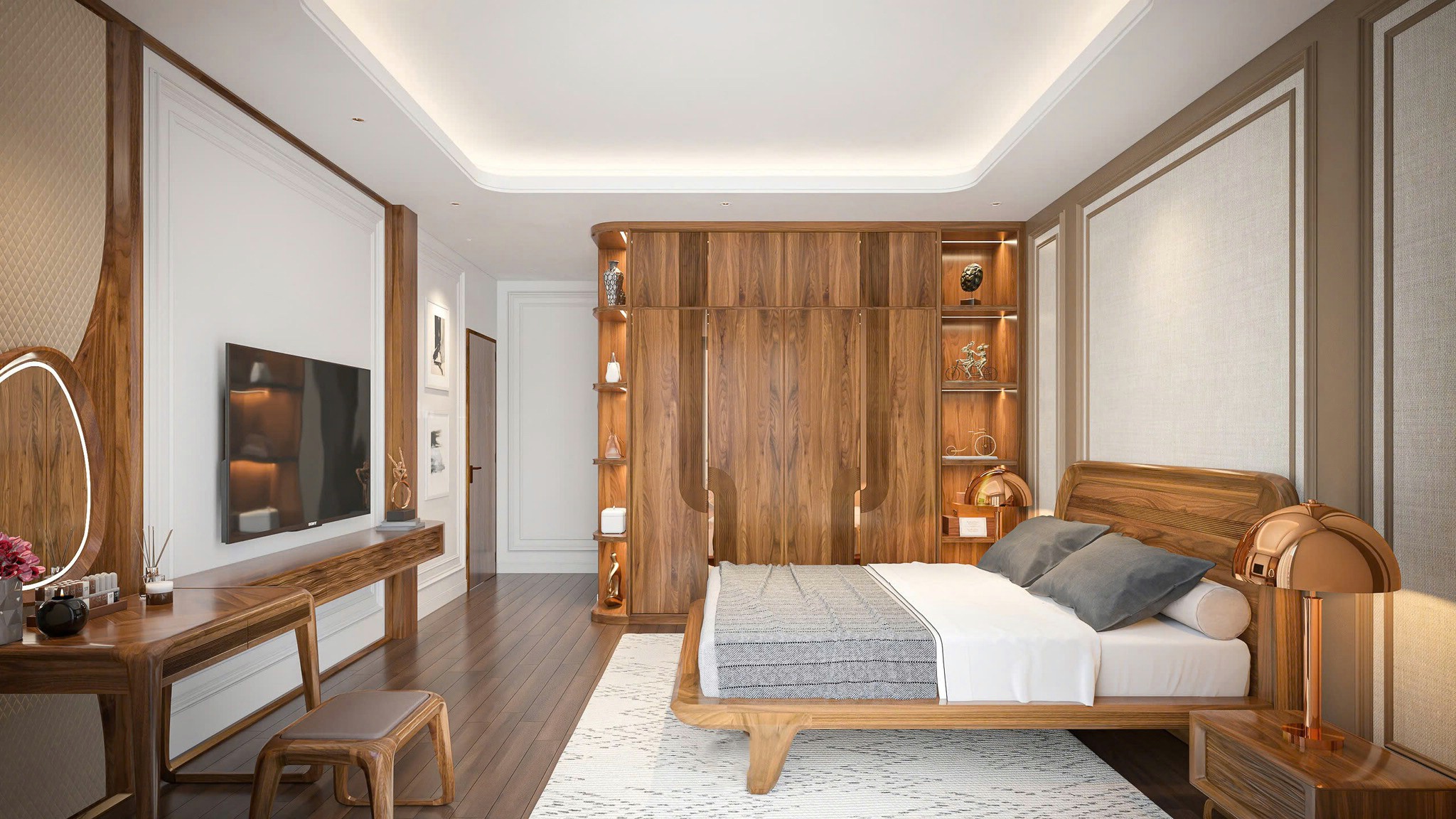 Mẫu nội thất phòng ngủ hiện đại với giường oval và kệ tivi treo tường