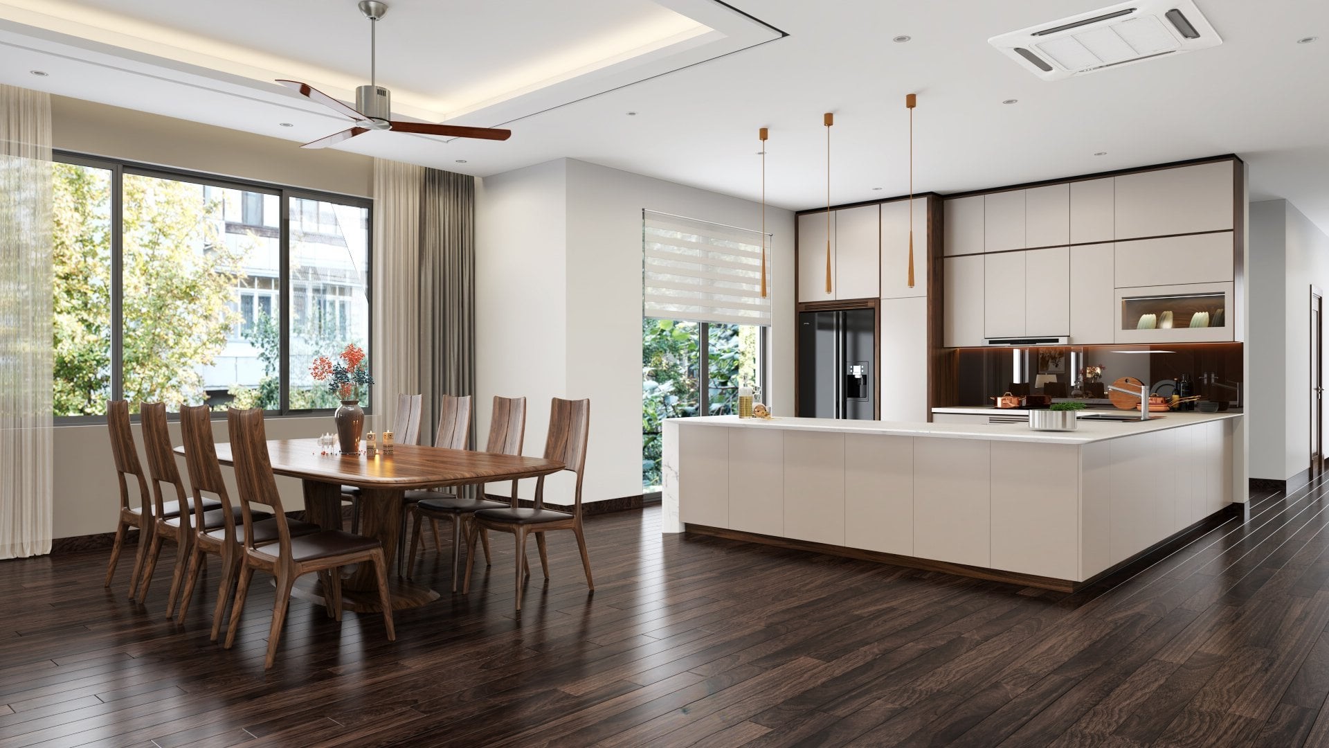 Mẫu phòng bếp đẹp với bàn ăn 8 ghế gỗ óc chó sang trọng kết hợp tủ bếp chữ U hiện đại màu trắng