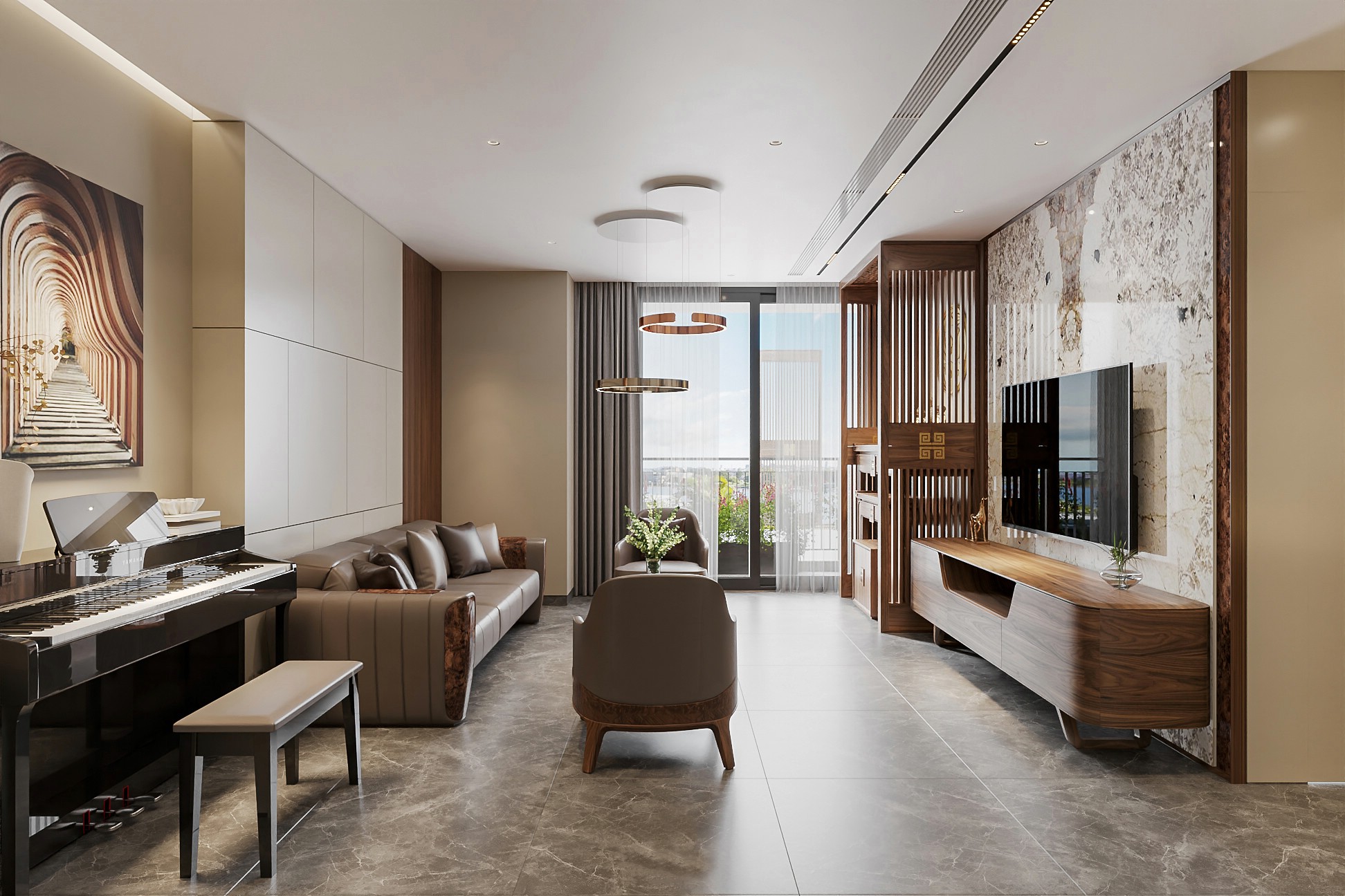 Mẫu phòng khách chung cư đẹp tối giản với kệ tivi gỗ óc chó và vách ốp tường giả đá