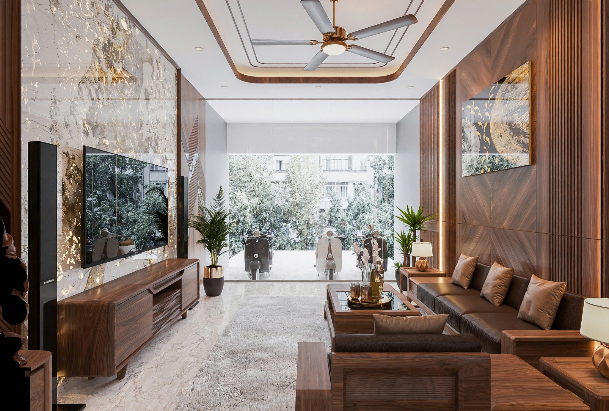 Mẫu phòng khách đẹp nhà ống với nội thất gỗ óc chó và tường ốp PVC