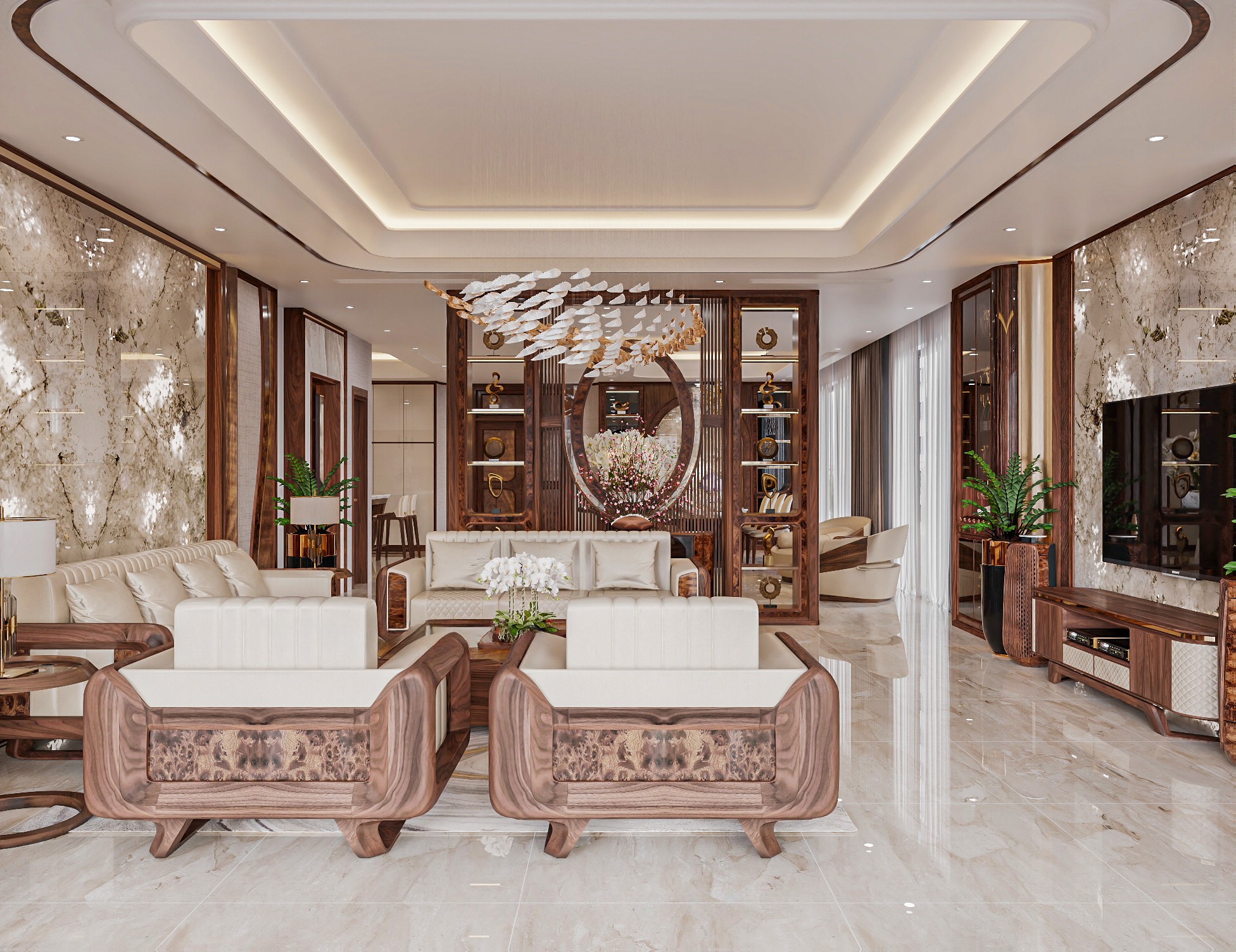 Mẫu phòng khách hiện đại với sofa gỗ óc chó và vách ngăn lam sóng vòm cung