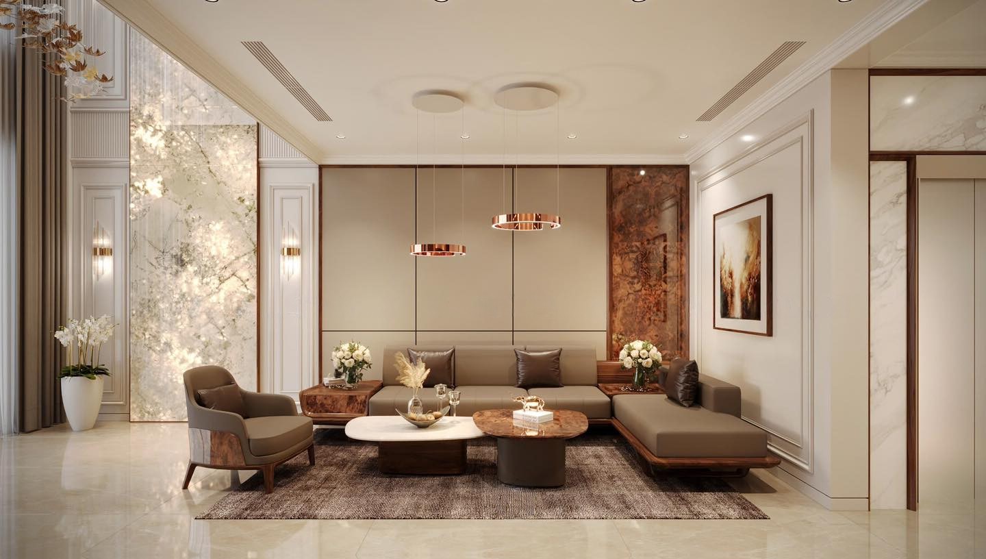 Mẫu sofa gỗ chữ L đẹp hiện đại bằng gỗ óc chó với bàn trà mặt đá