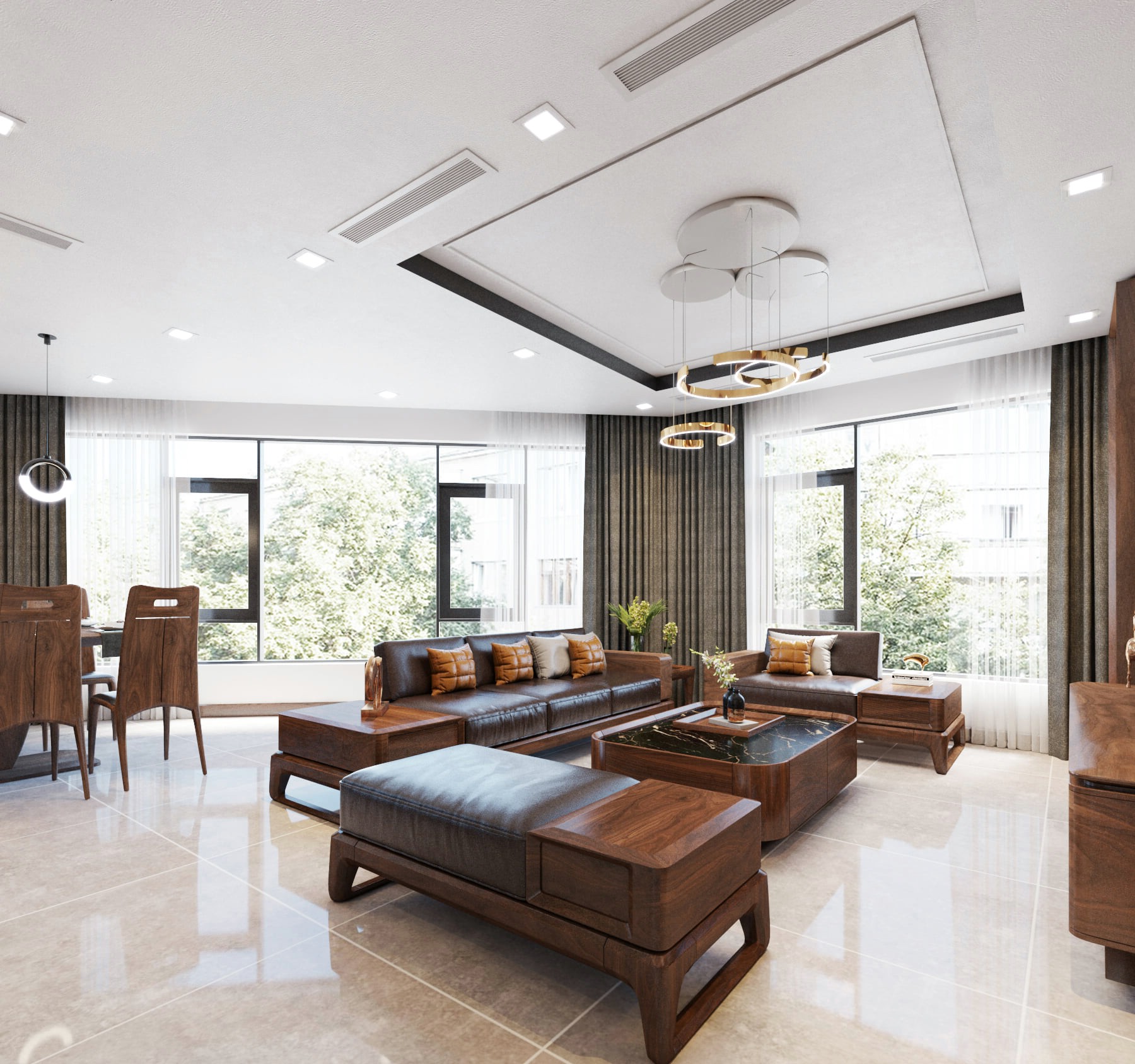 Mẫu sofa gỗ cao cấp hiện đại với bàn trà mặt đá đen vân trắng