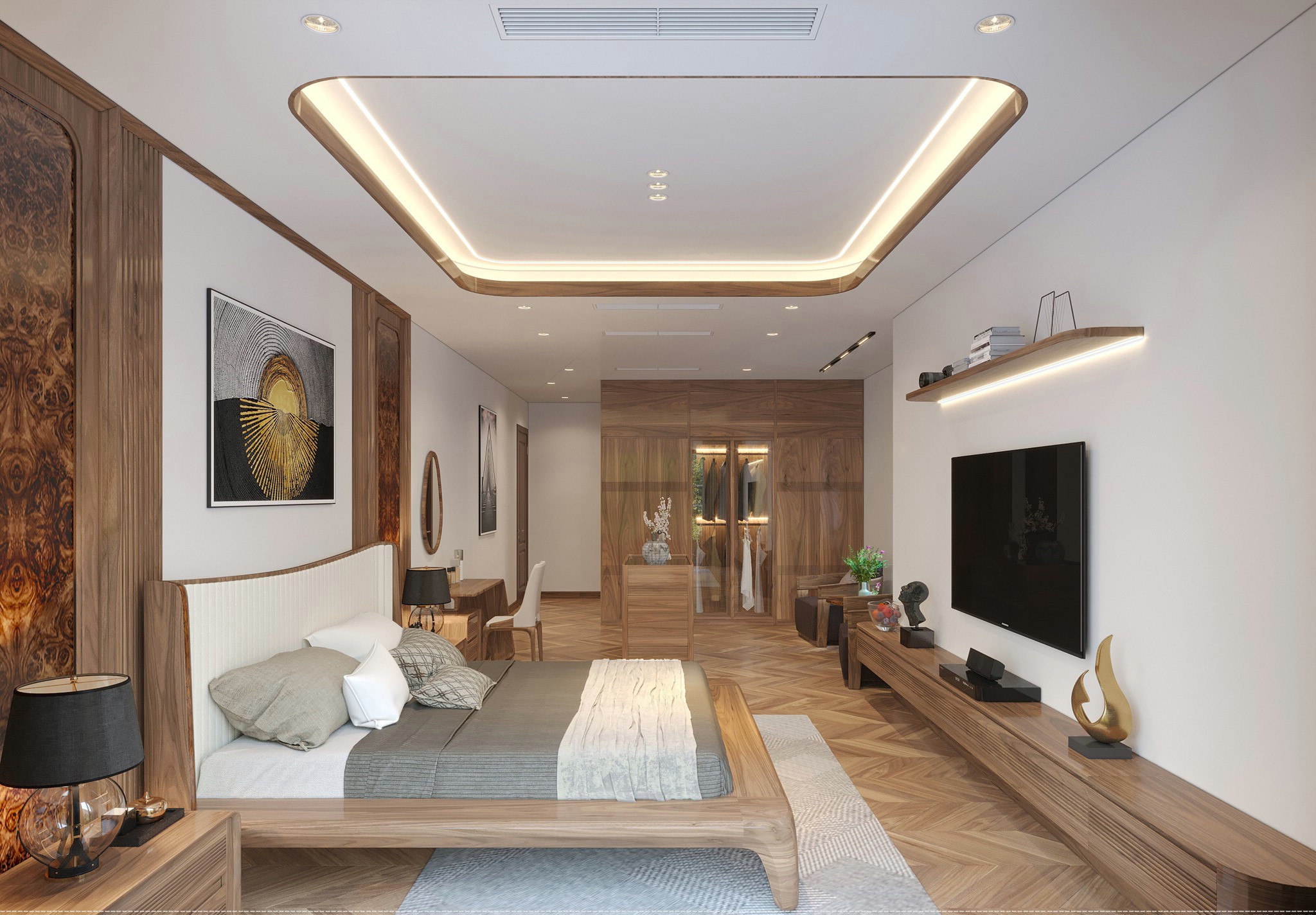 Mẫu thiết kế phòng ngủ đẹp hiện đại với giường gỗ sồi, tủ quần áo kính và bàn trang điểm tiện nghi