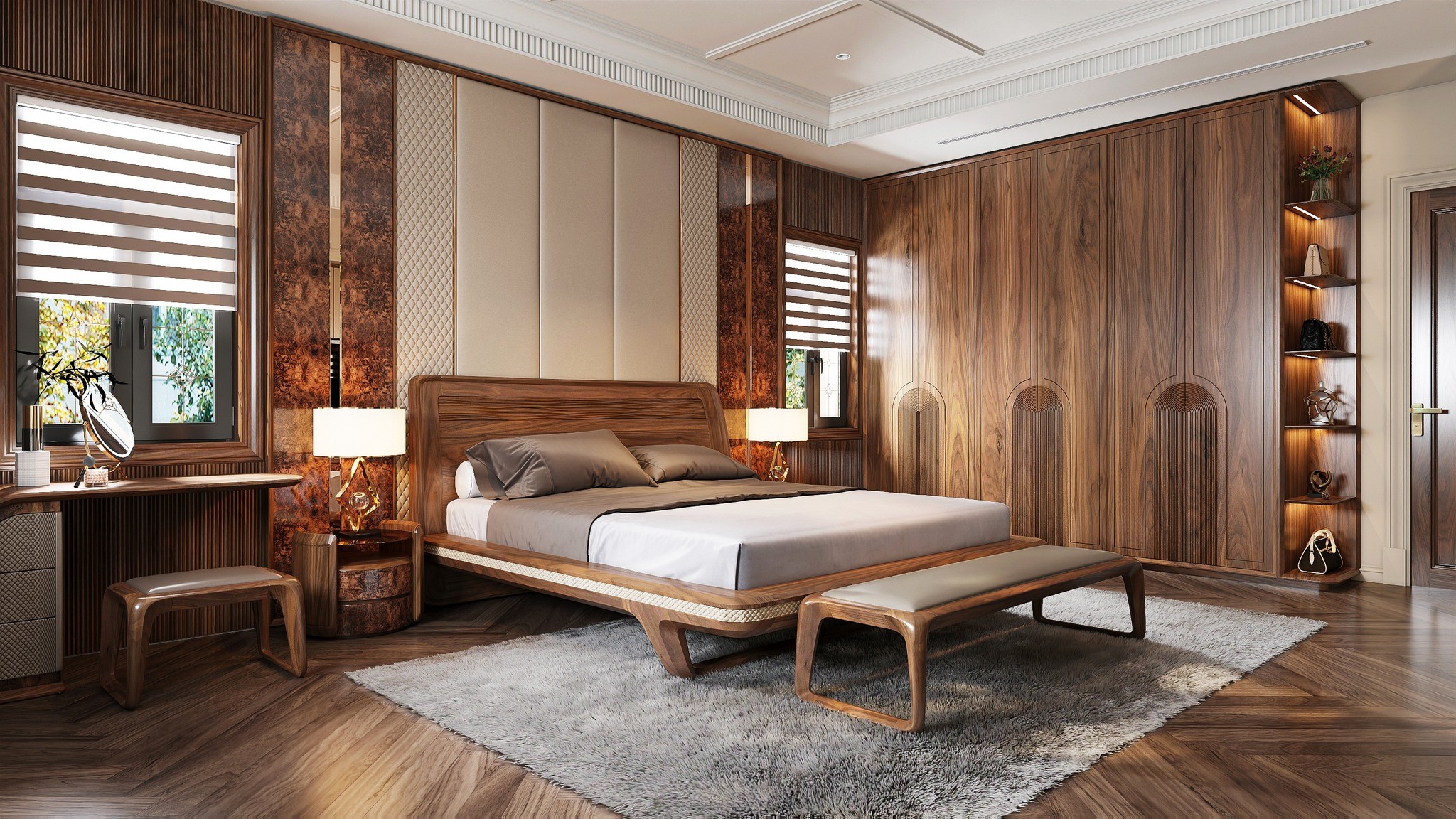 Mẫu thiết kế phòng ngủ hiện đại với giường bọc nỉ quả trám và tủ áo chữ I