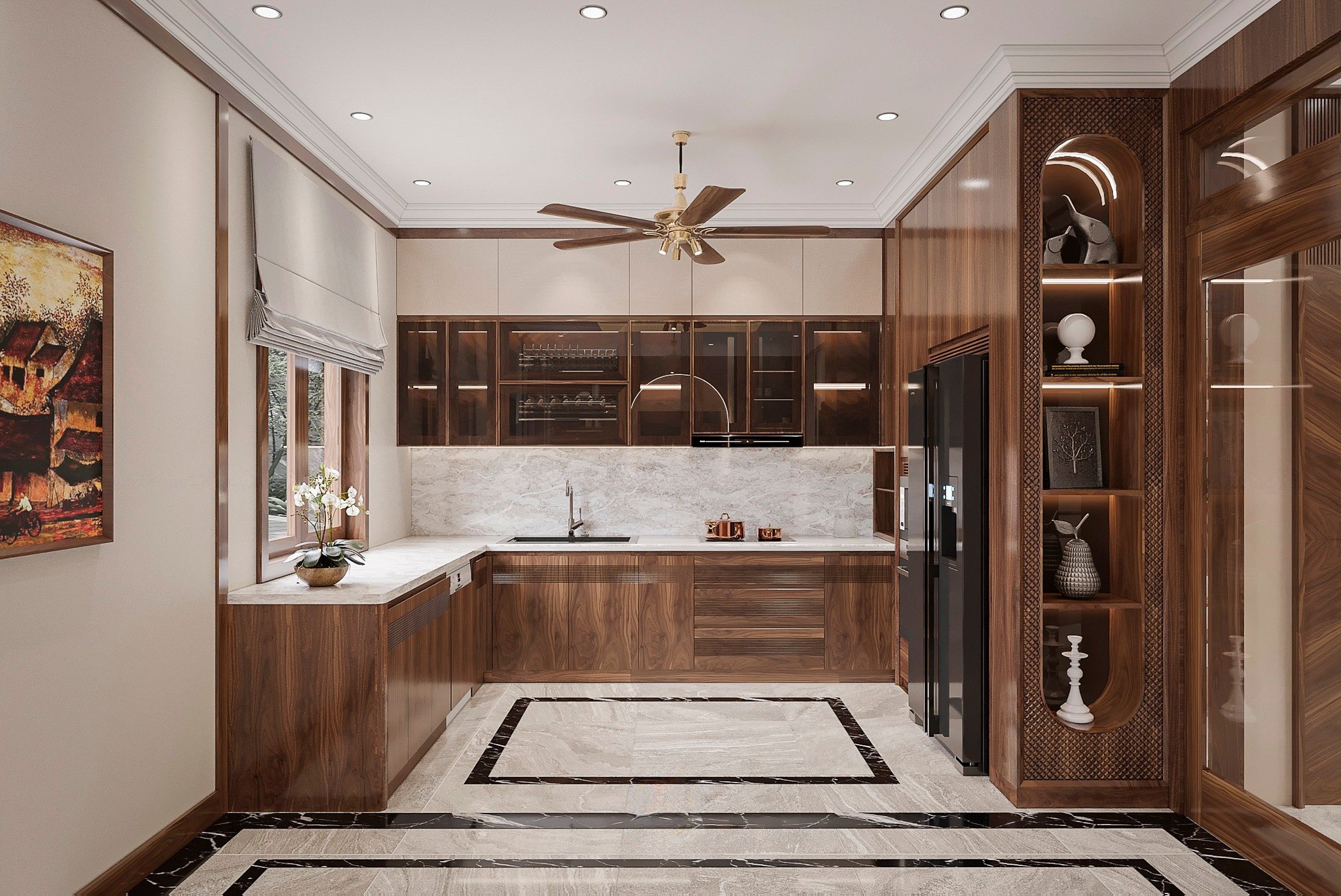 Mẫu thiết kế tủ bếp chữ U gỗ tự nhiên kết hợp acrylic trắng và kính trong suốt