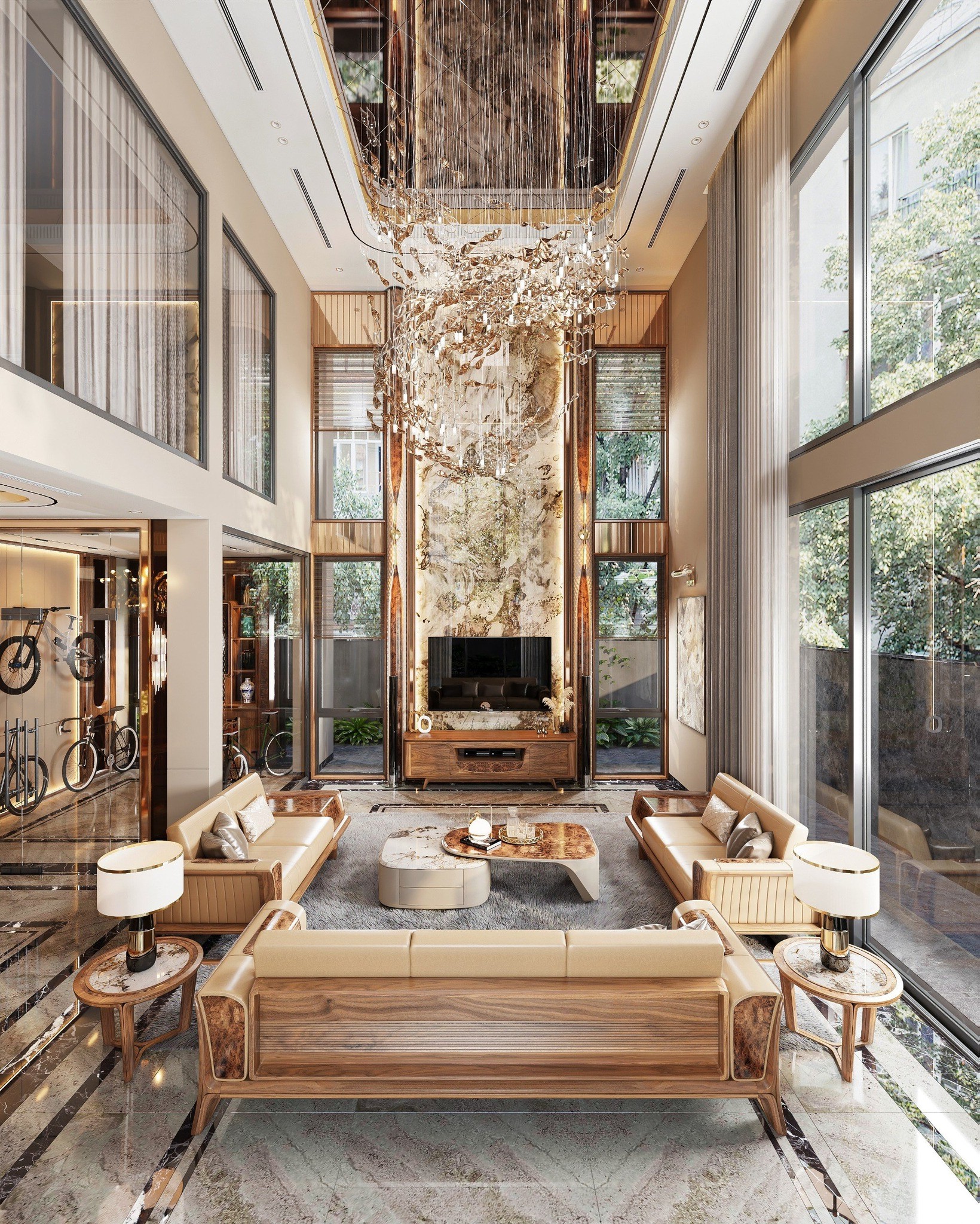 Mẫu trang trí phòng khách đẹp với không gian thông tầng, tường ốp đá Onyx xuyên sáng và sofa gỗ óc chó tự nhiên