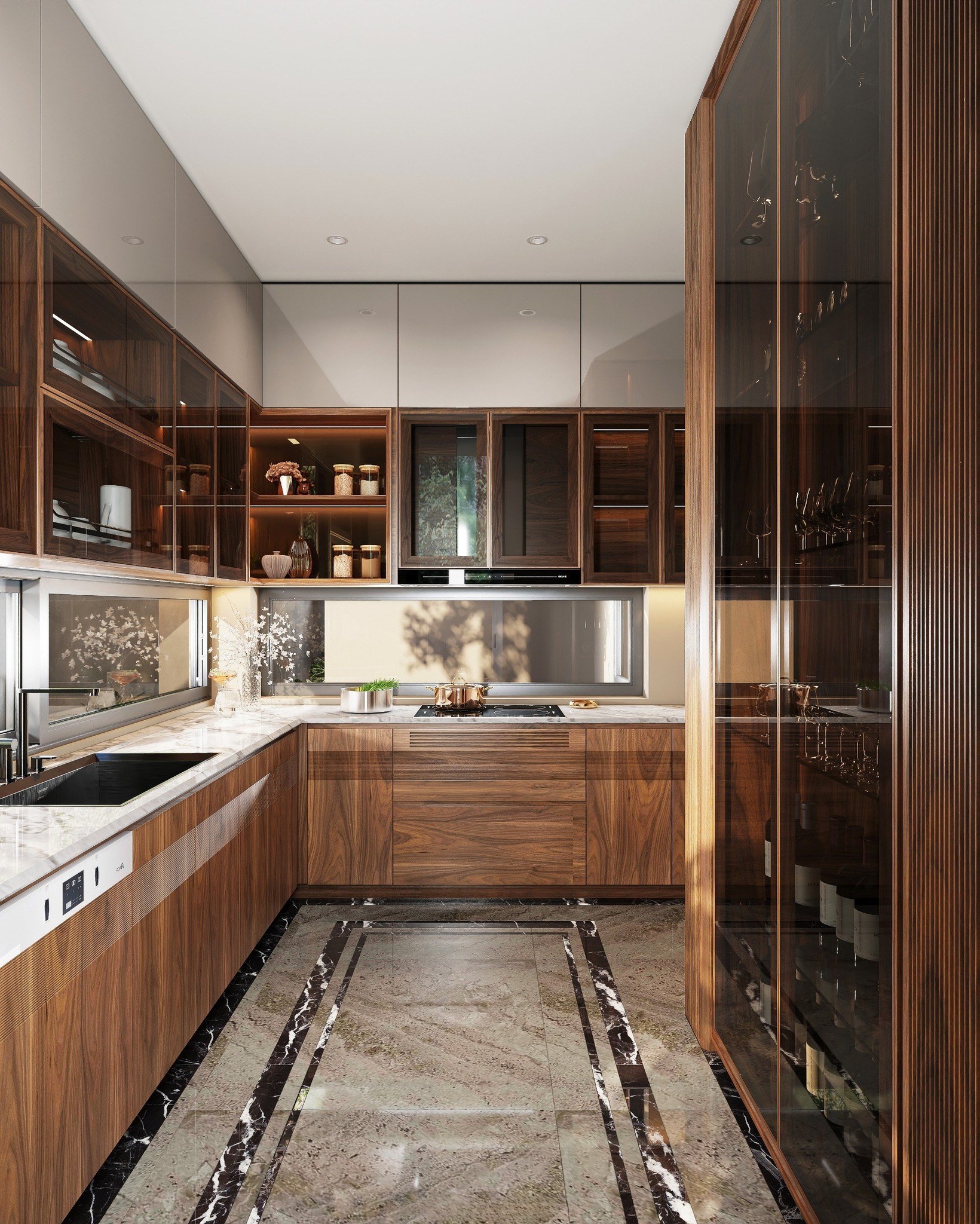 Mẫu tủ bếp bằng gỗ chữ L hiện đại kết hợp gỗ óc chó và acrylic trắng