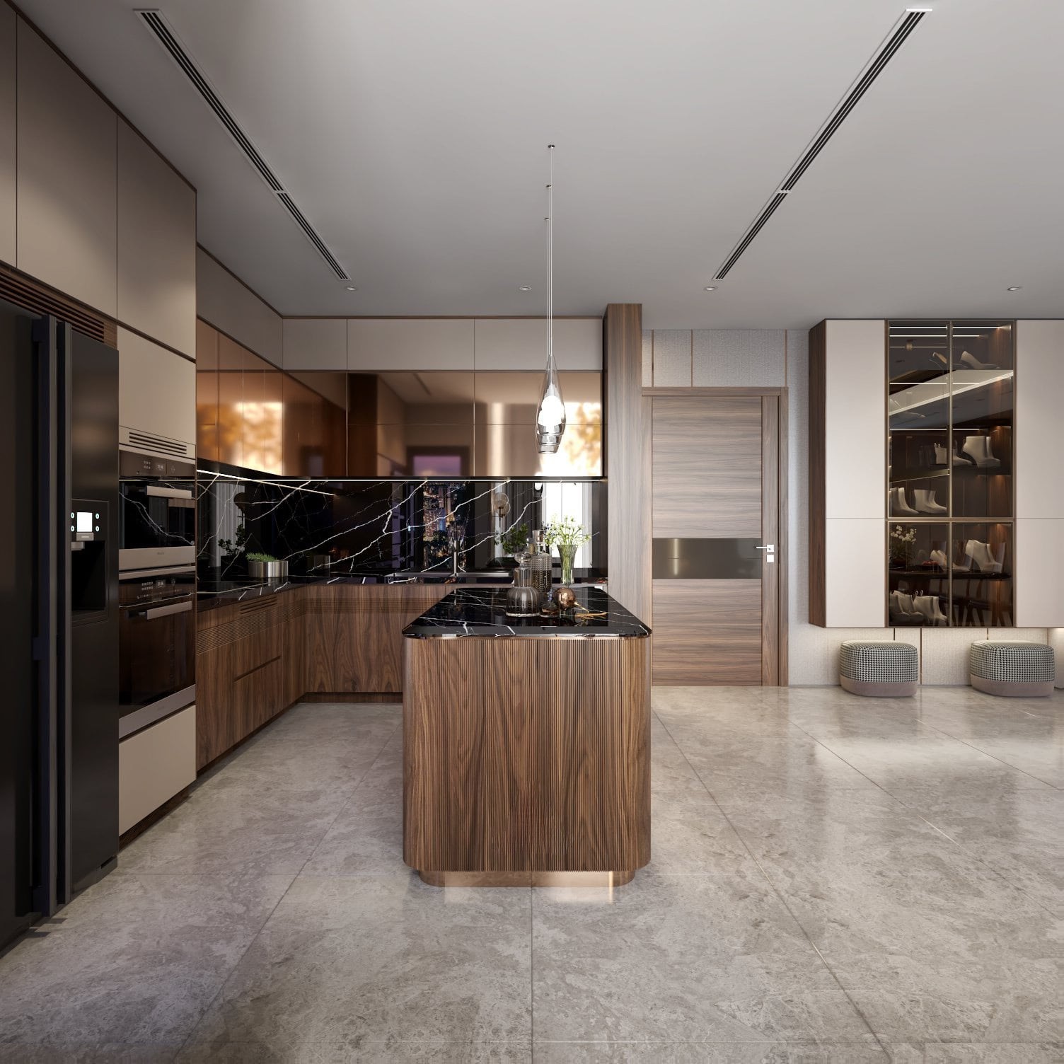 Mẫu tủ bếp gỗ đẹp chữ L cao kịch trần hiện đại với gỗ óc chó và acrylic vàng đồng – trắng