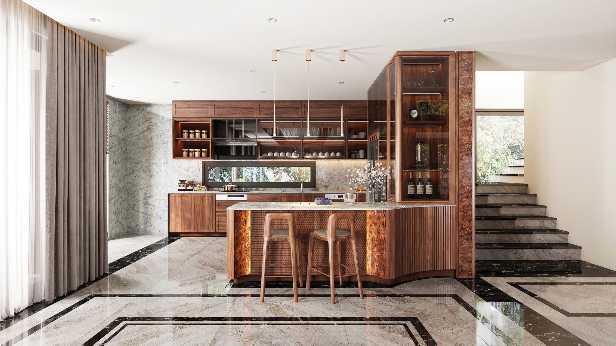 Mẫu tủ bếp gỗ đẹp hiện đại chữ L kết hợp bàn bar và tủ lạnh cánh kính