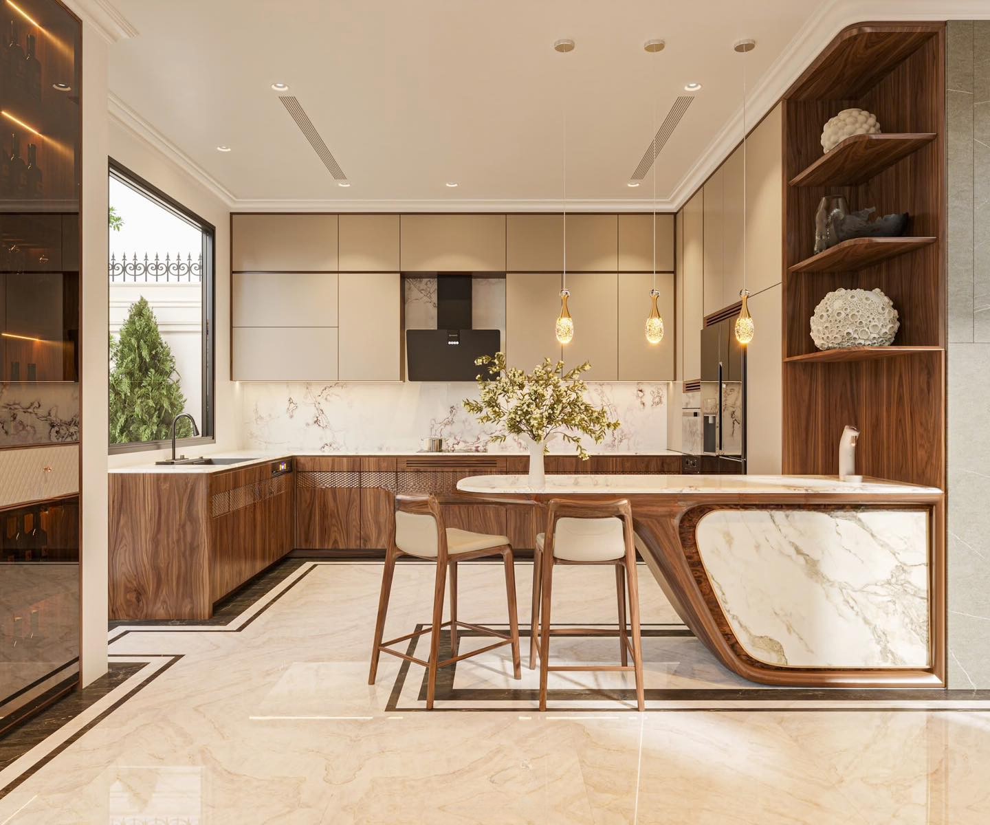 Mẫu tủ bếp gỗ đẹp thiết kế chữ U với bàn đảo và tủ kịch trần hiện đại