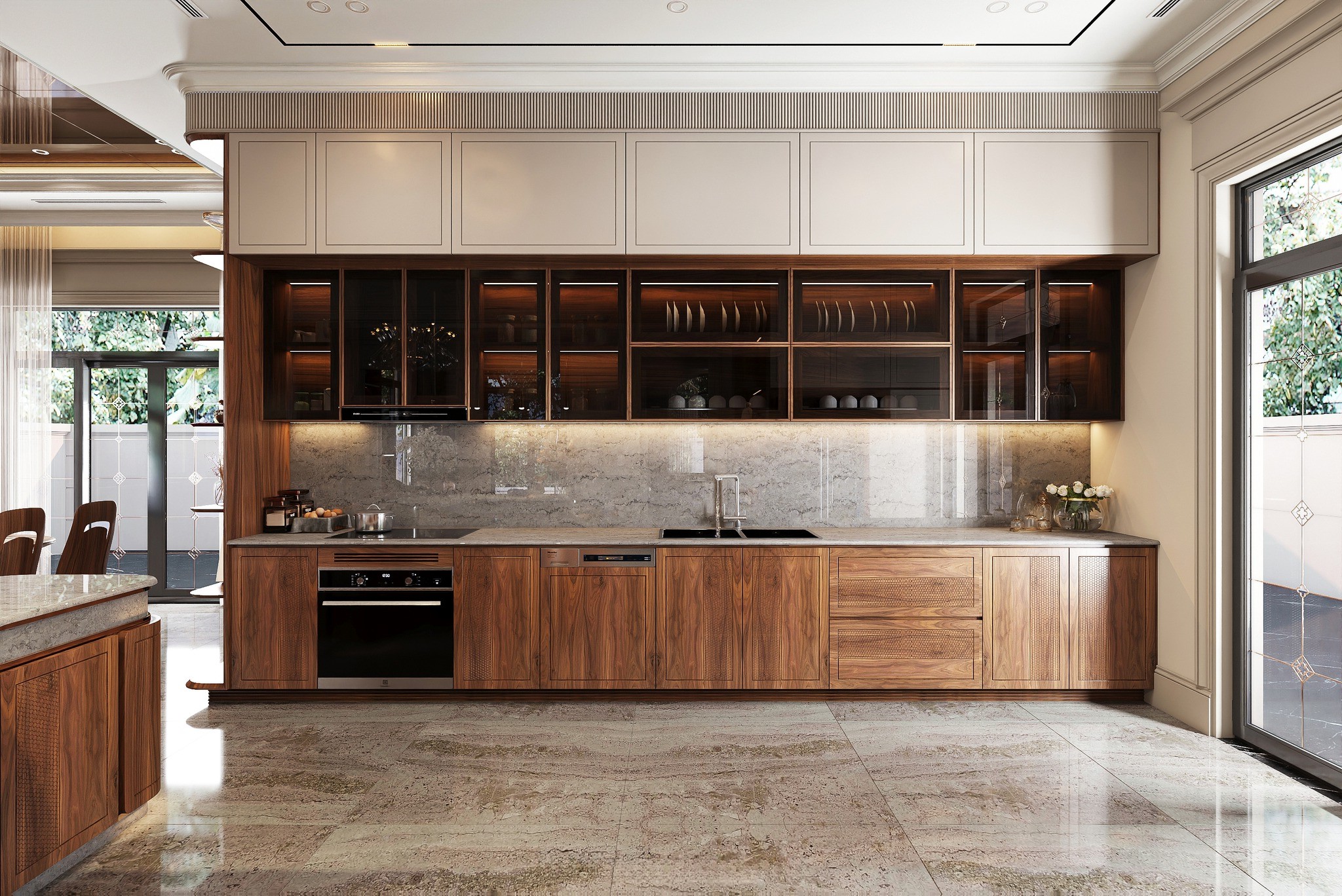 Mẫu tủ bếp gỗ óc chó chữ I cao kịch trần hiện đại