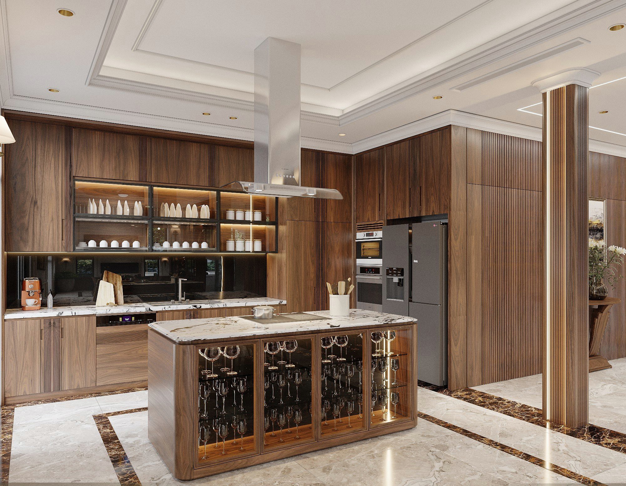 Mẫu tủ bếp gỗ tự nhiên chữ L cao kịch trần hiện đại