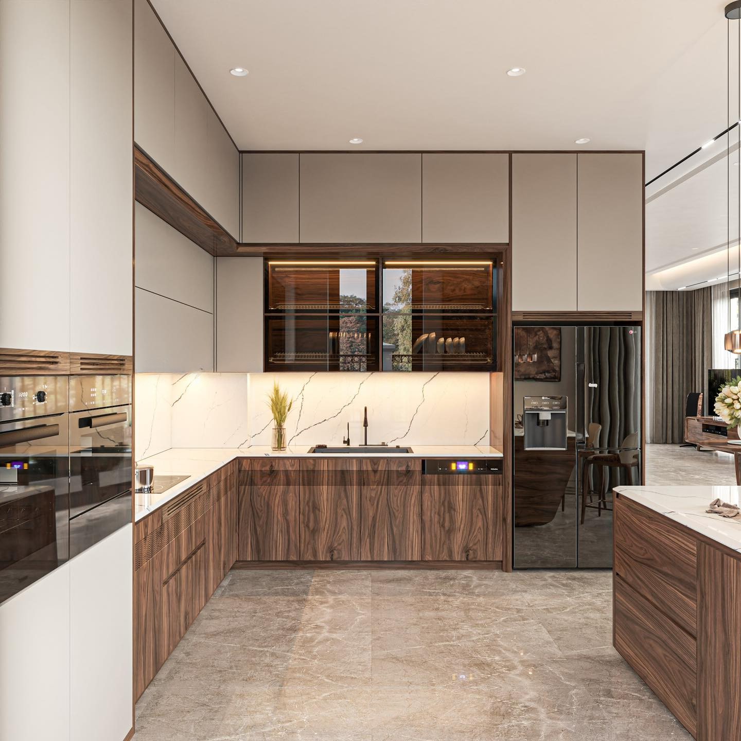 Mẫu tủ bếp gỗ chữ L hiện đại với cánh acrylic trắng, tủ kính và mặt đá granite vân xám