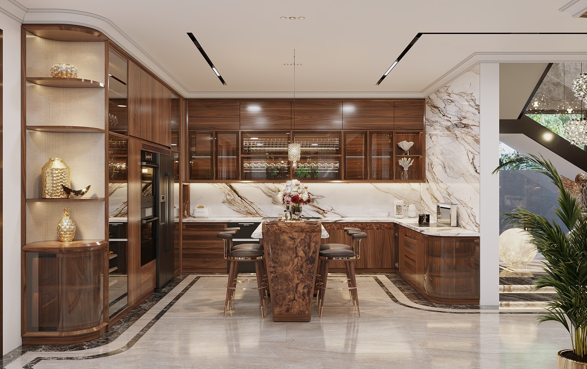 Mẫu tủ bếp hiện đại chữ U gỗ tự nhiên với cánh kính sang trọng