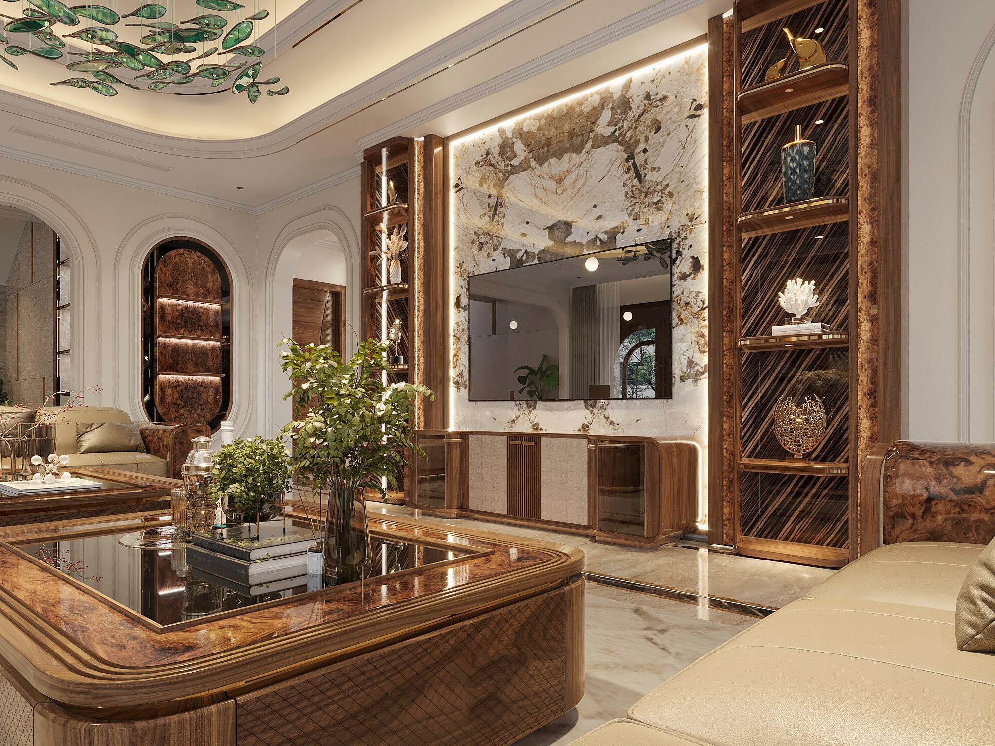 Mẫu tủ kệ tivi gỗ tự nhiên hiện đại với cánh kính và cánh gỗ ốp sợi than tre bo cong sang trọng