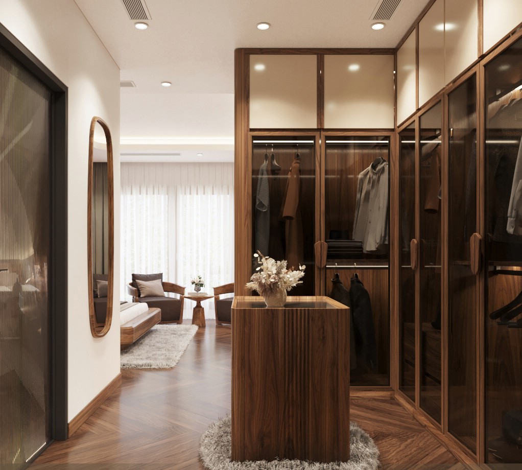 Mẫu tủ quần áo chữ L đẹp với bàn đảo mặt kính