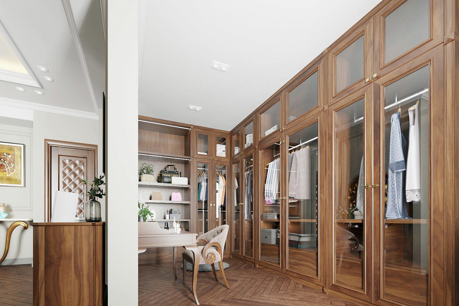 Mẫu tủ quần áo đẹp bằng gỗ chữ L hiện đại với hệ cánh kính