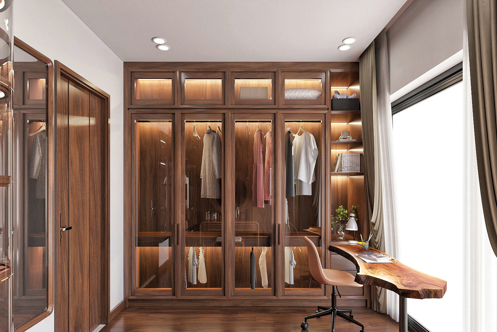 Mẫu tủ quần áo gỗ tự nhiên 6 cánh chữ I cao kịch trần với hệ cánh kính hiện đại