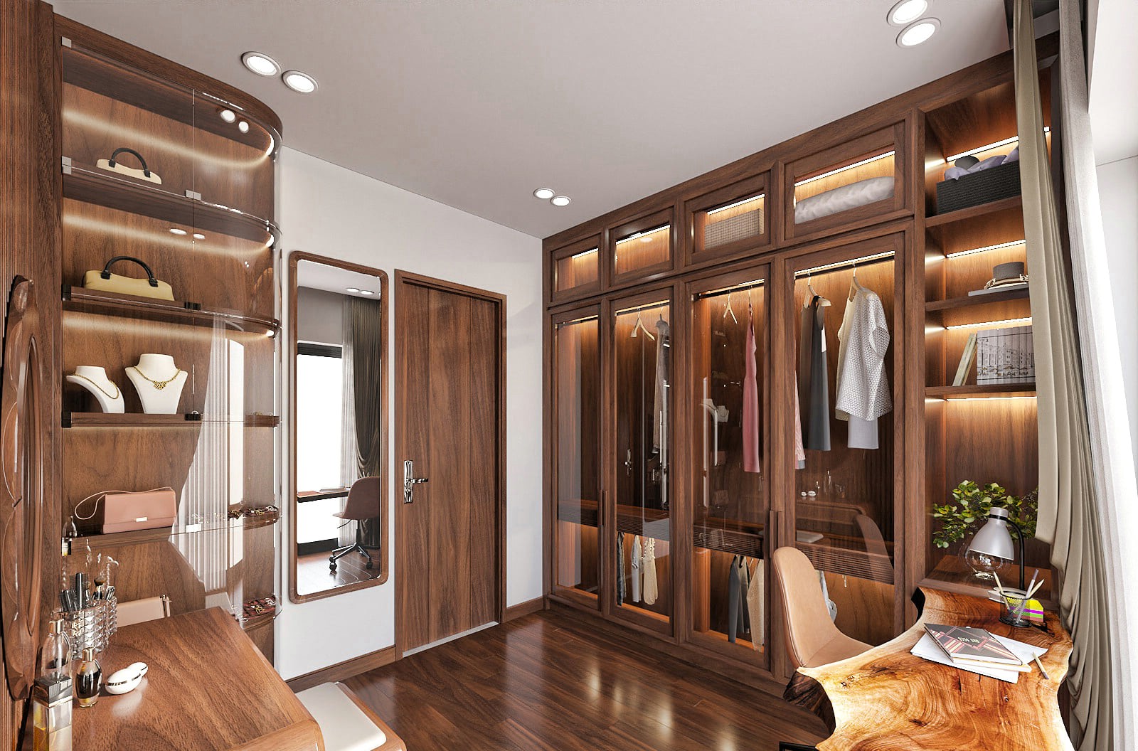 Mẫu tủ quần áo gỗ tự nhiên 4 cánh cao kịch trần hiện đại