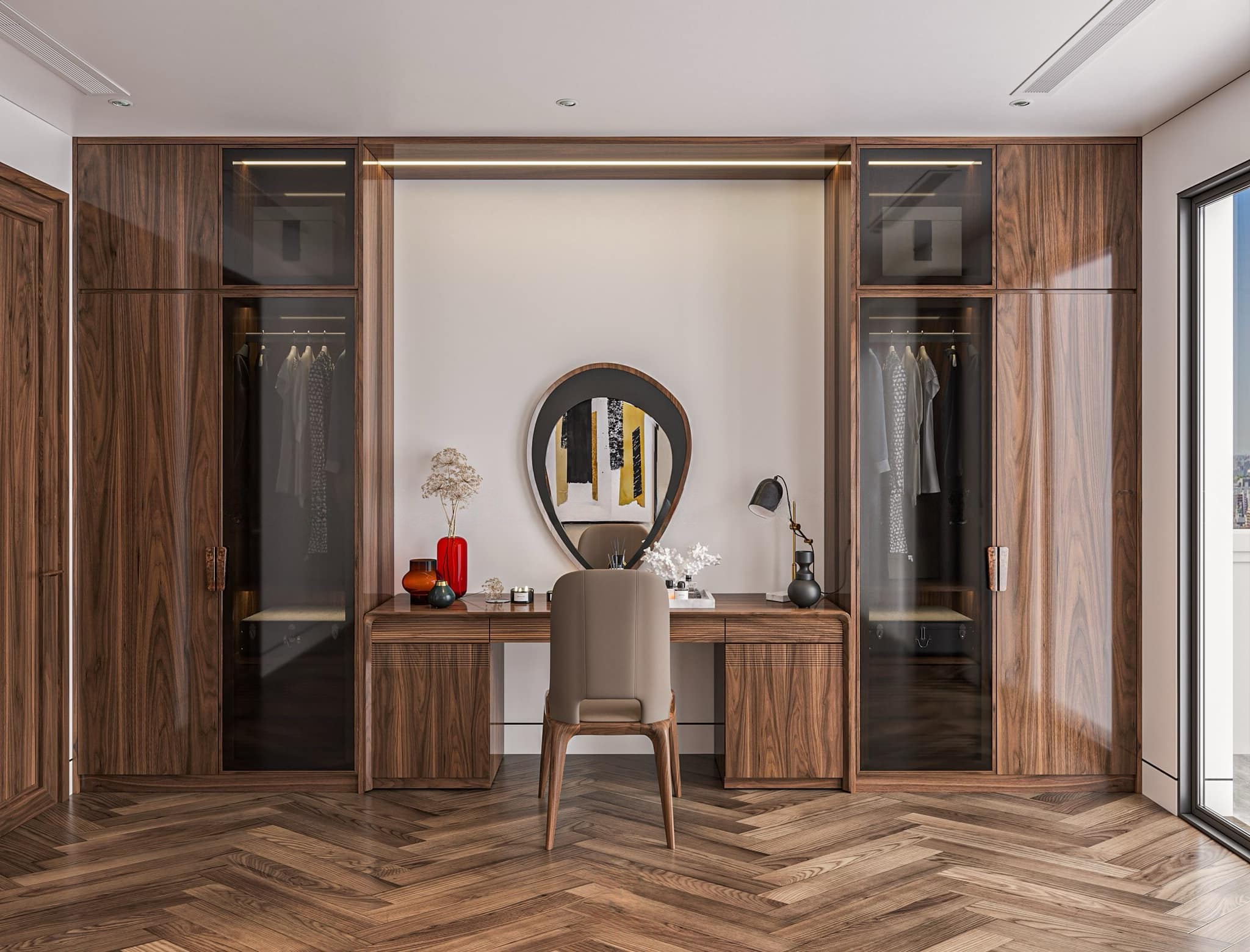 Mẫu tủ quần áo kết hợp bàn trang điểm hiện đại bằng gỗ óc chó