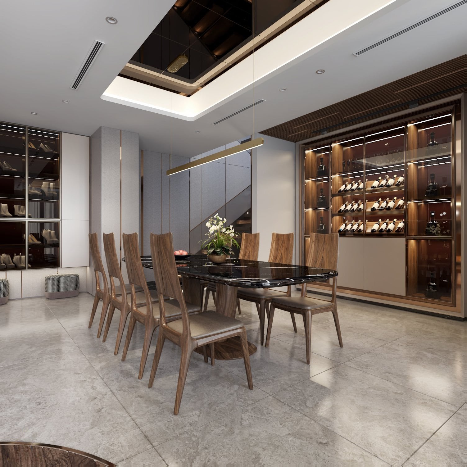 Mẫu tủ rượu gỗ tự nhiên âm tường cao kịch trần với hệ cánh kính hiện đại