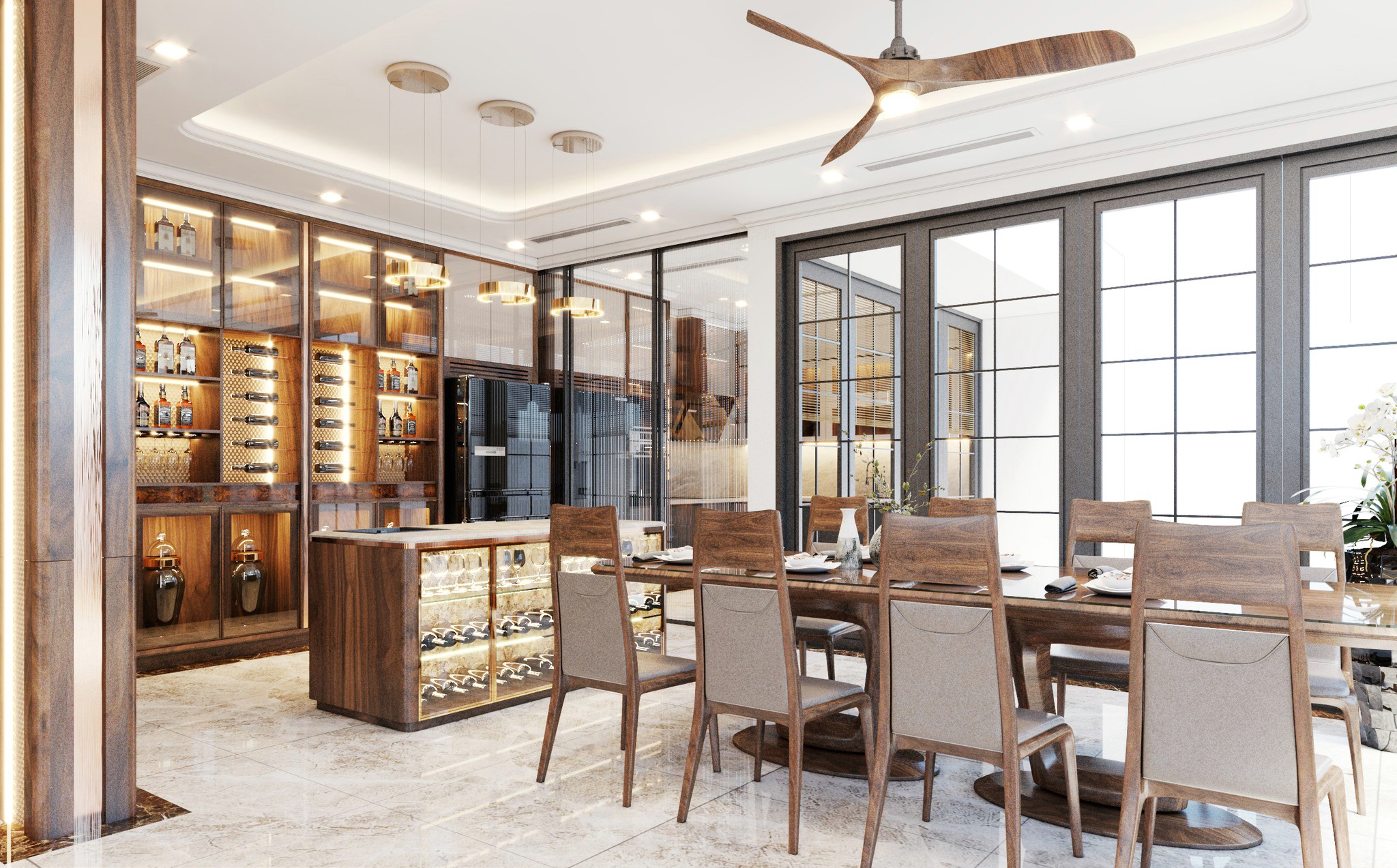 Mẫu tủ rượu phòng bếp âm tường cao kịch trần hiện đại