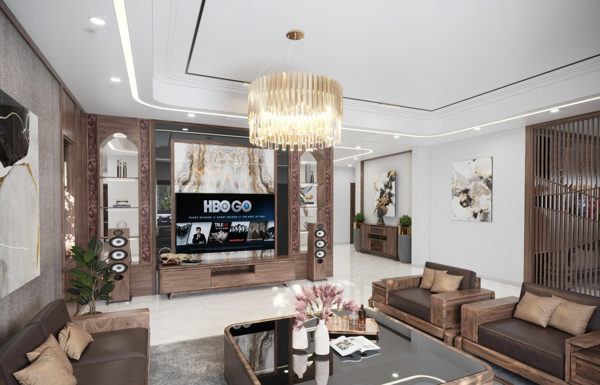 Mẫu vách kệ tivi phòng khách cao kịch trần với ốp vân đá cẩm thạch sang trọng