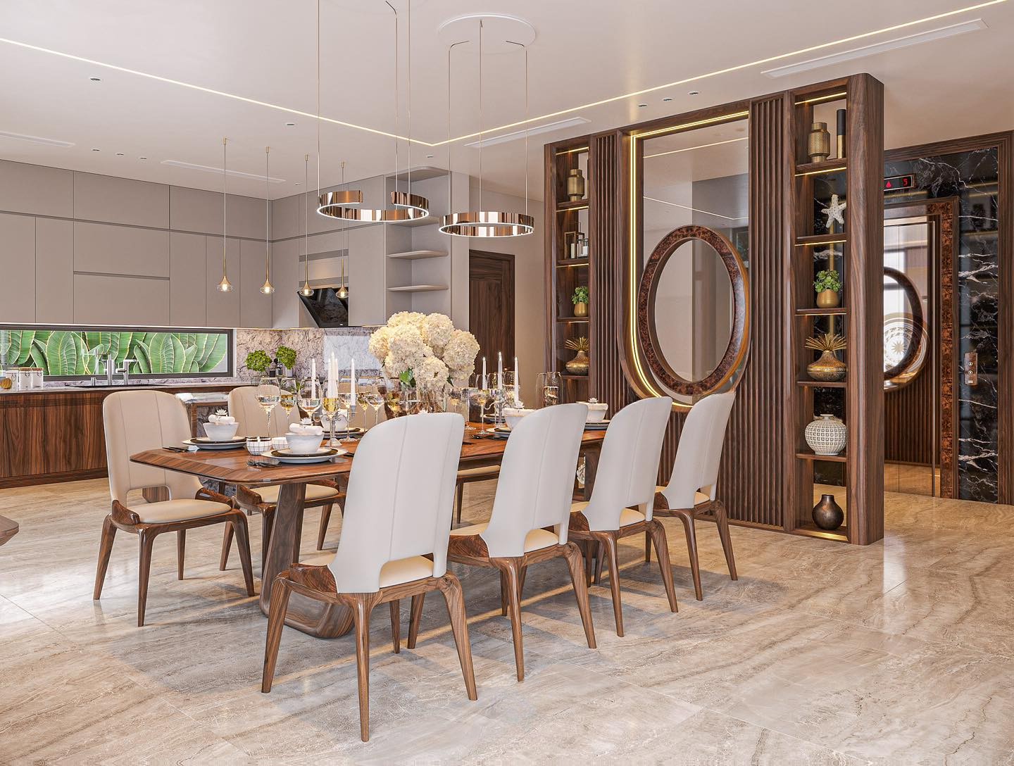 Mẫu vách ngăn phòng khách và phòng ăn gỗ óc chó hiện đại với vách kính vòm cung