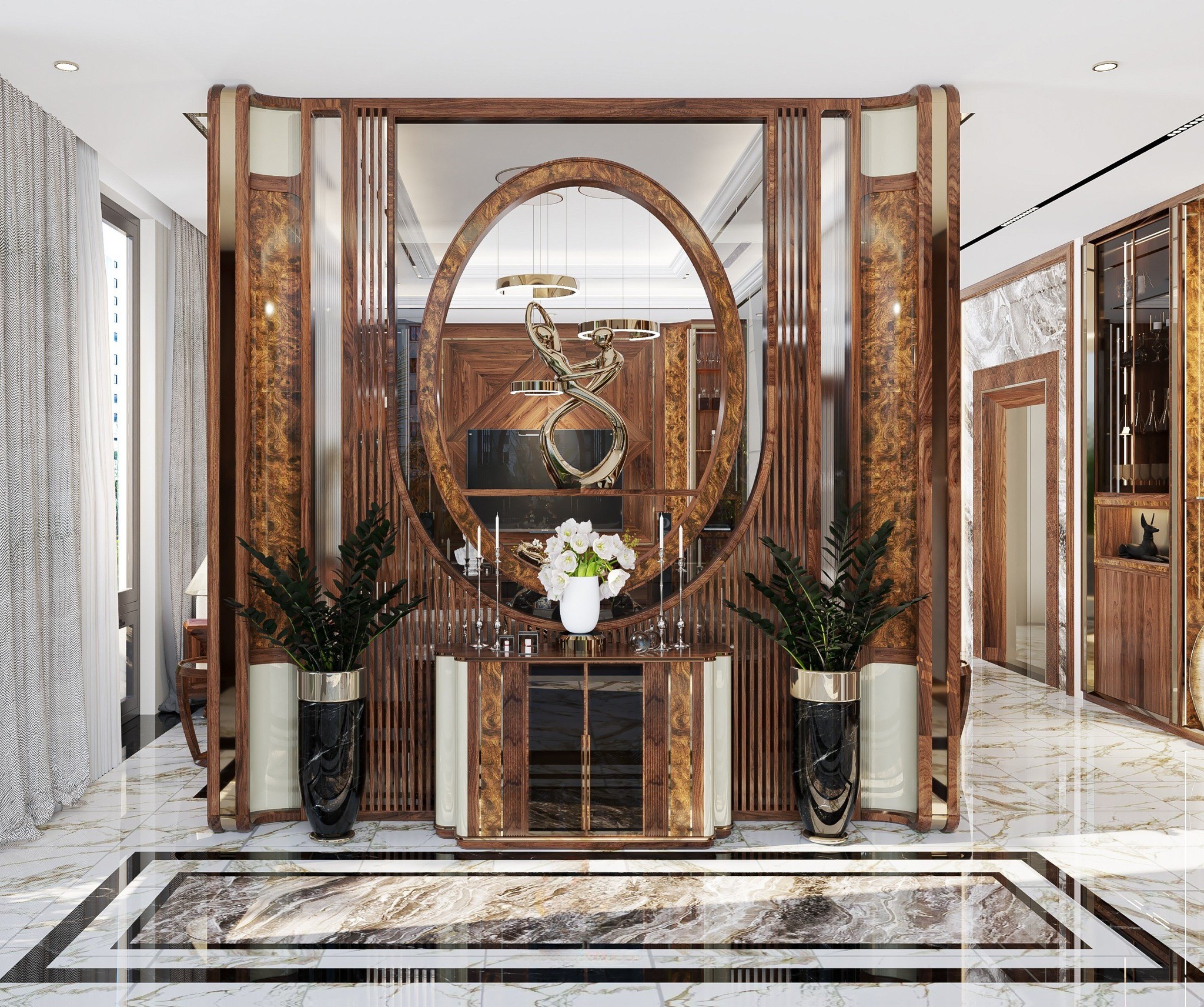 Mẫu vách ngăn gỗ óc chó cao kịch trần với khung oval và viền mạ vàng