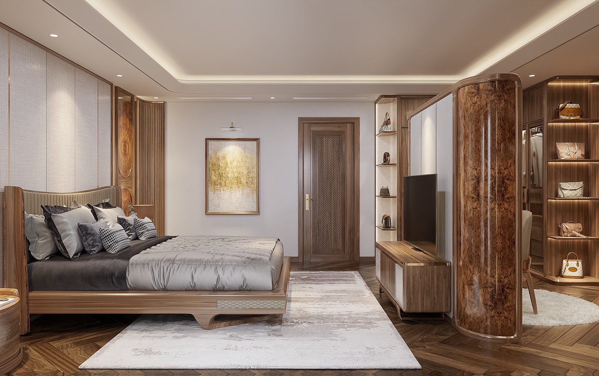 Nội thất giường ngủ hiện đại với giường gỗ công nghiệp và tủ quần áo cánh kính