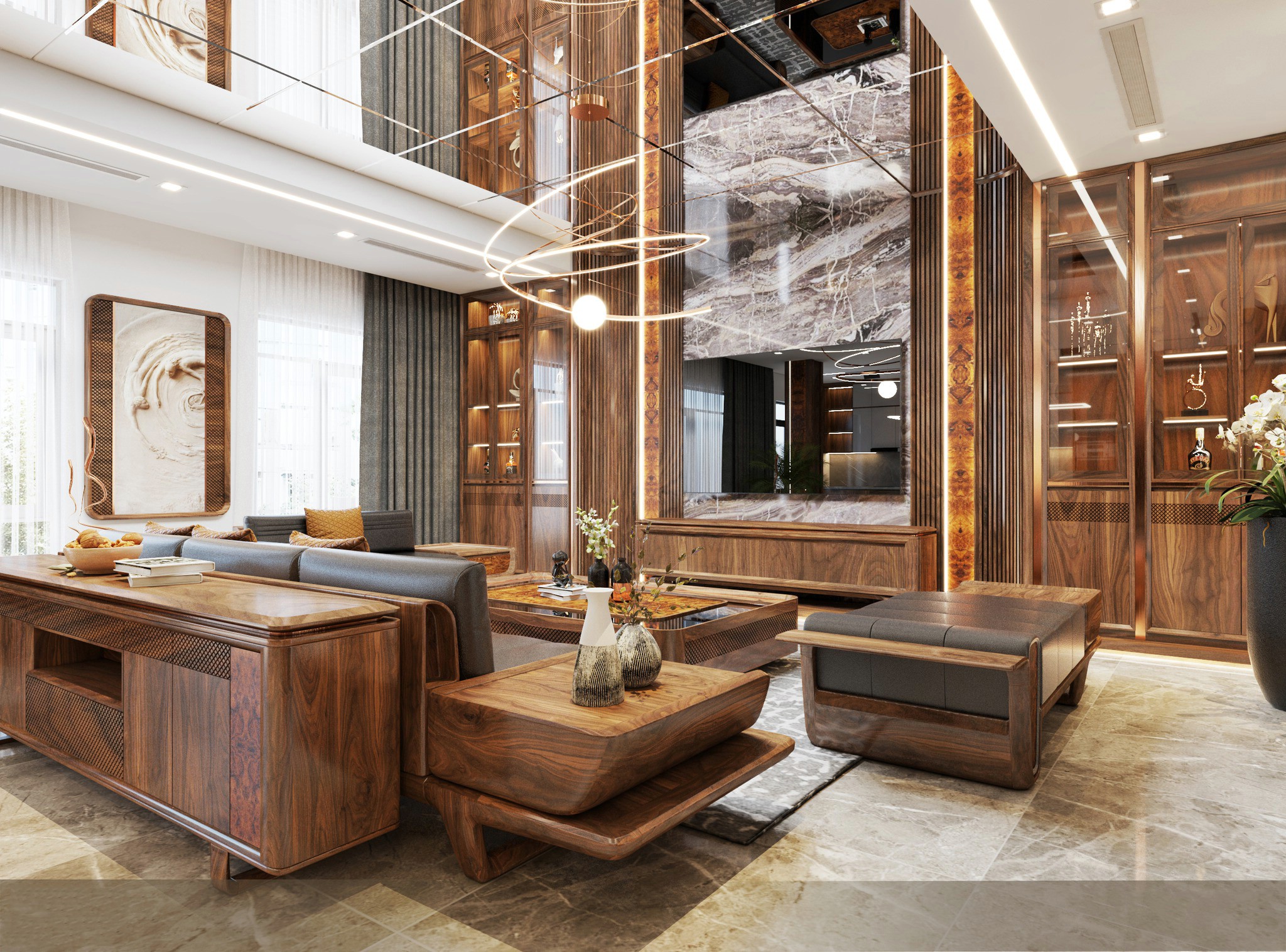 Nội thất gỗ óc chó cao cấp với trần gương, sofa da bò và tủ rượu cánh kính