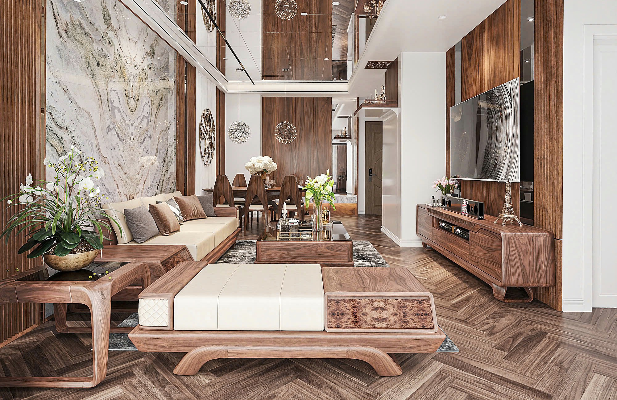 Nội thất óc chó cao cấp với sofa, ốp đá, trần gương và kệ tivi kính đen