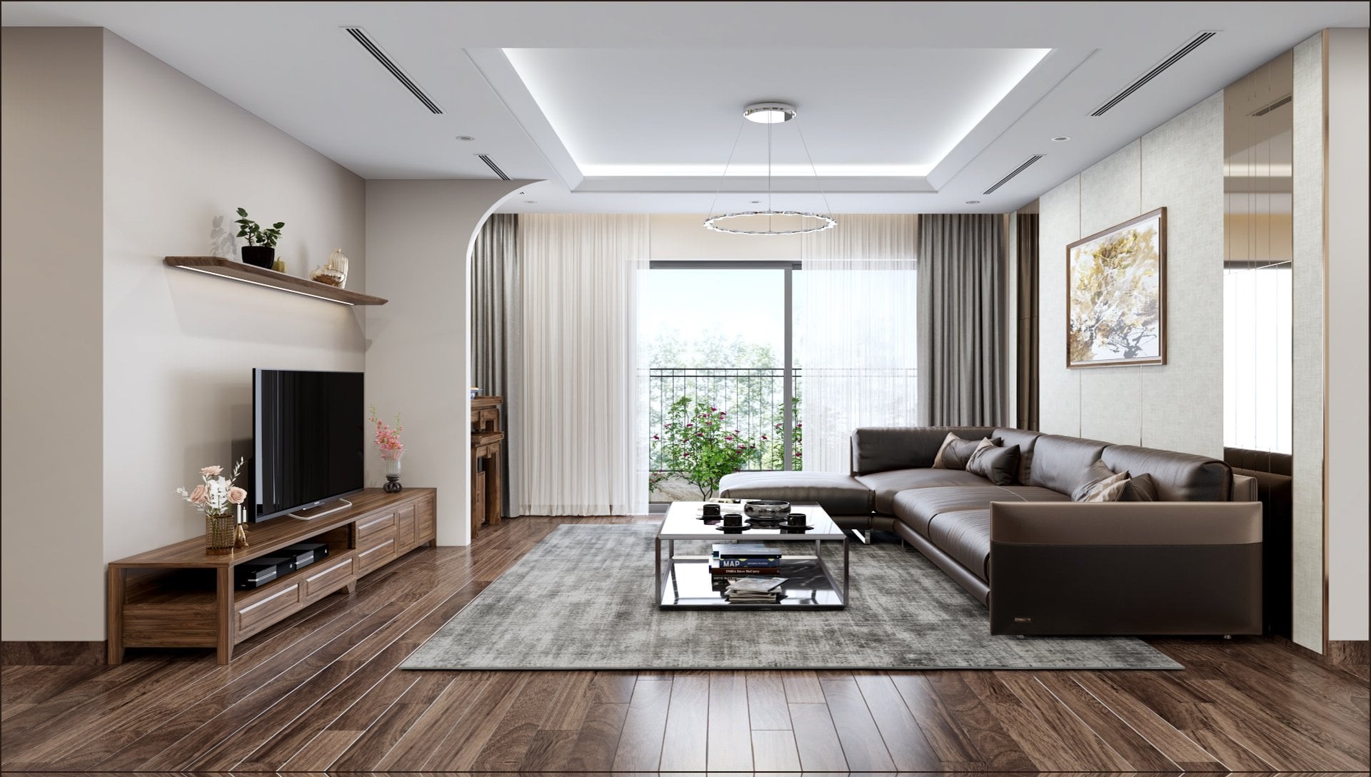 Nội thất phòng khách chung cư hiện đại với kệ tivi gỗ óc chó và sofa da chữ L